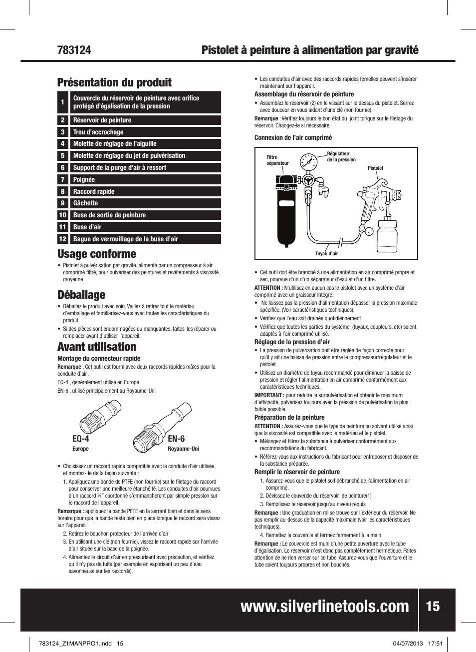 Présentation du produit, Usage conforme, Déballage | Avant utilisation, Eq-4, En-6 | Silverline Gravity Feed Spray Gun User Manual | Page 16 / 56
