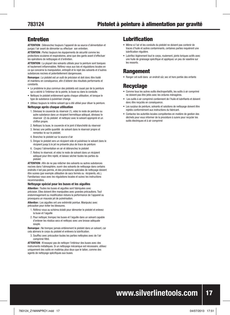 Lubrification, Rangement, Recyclage | Silverline Gravity Feed Spray Gun User Manual | Page 18 / 56