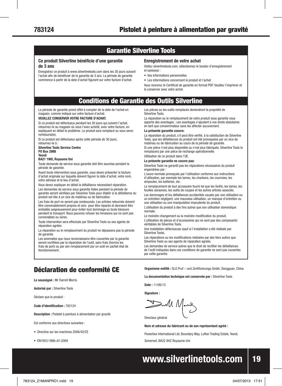 Déclaration de conformité ce | Silverline Gravity Feed Spray Gun User Manual | Page 20 / 56