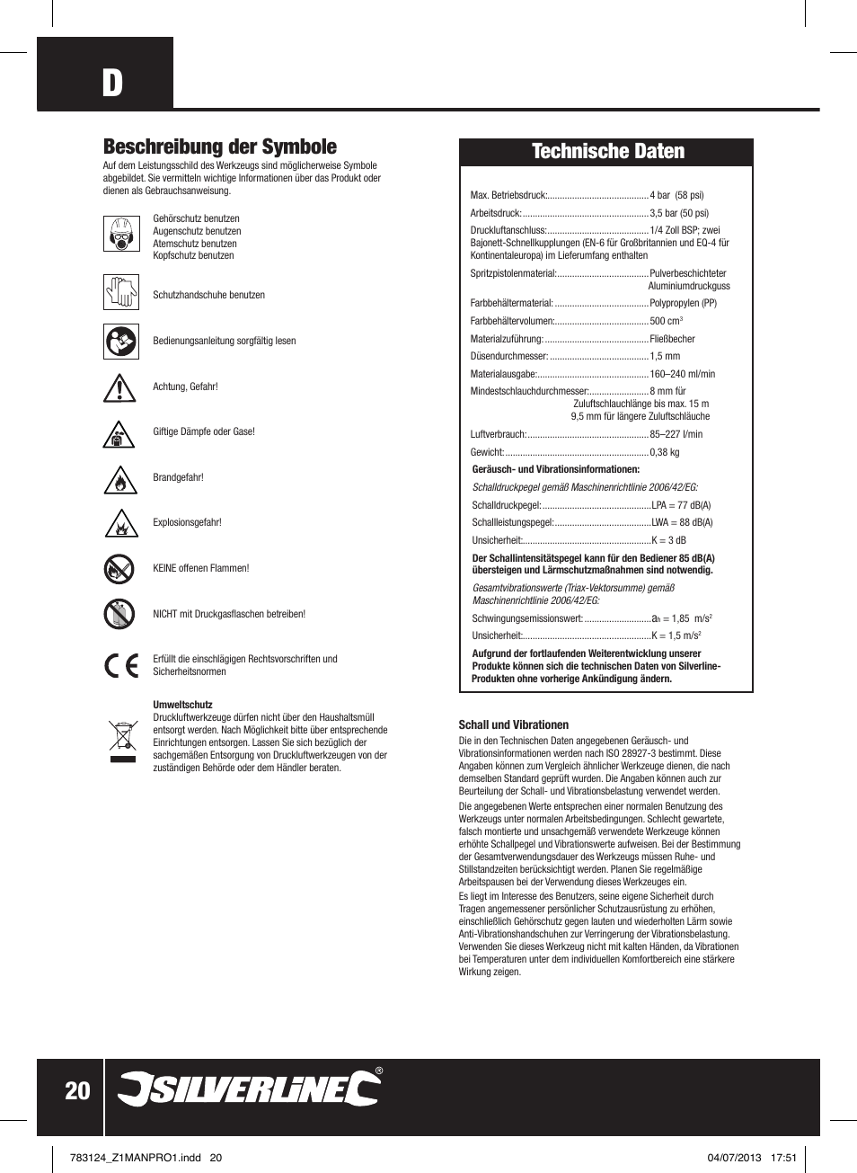 Technische daten, Beschreibung der symbole | Silverline Gravity Feed Spray Gun User Manual | Page 21 / 56