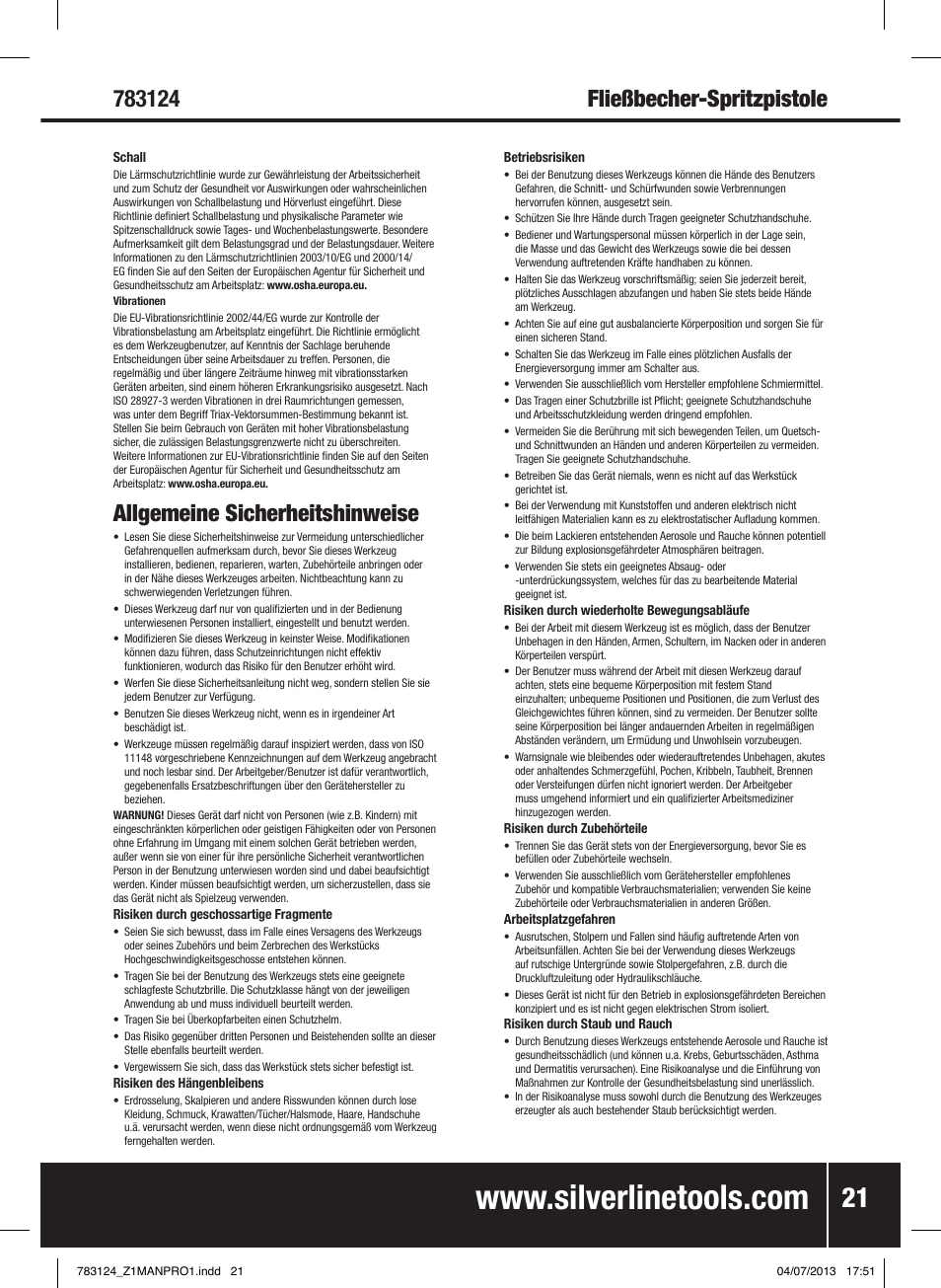 Fließbecher-spritzpistole, Allgemeine sicherheitshinweise | Silverline Gravity Feed Spray Gun User Manual | Page 22 / 56