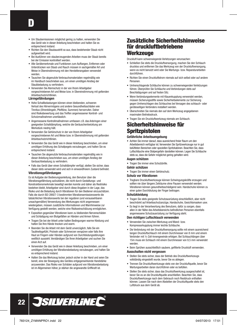 Sicherheitshinweise für spritzpistolen | Silverline Gravity Feed Spray Gun User Manual | Page 23 / 56