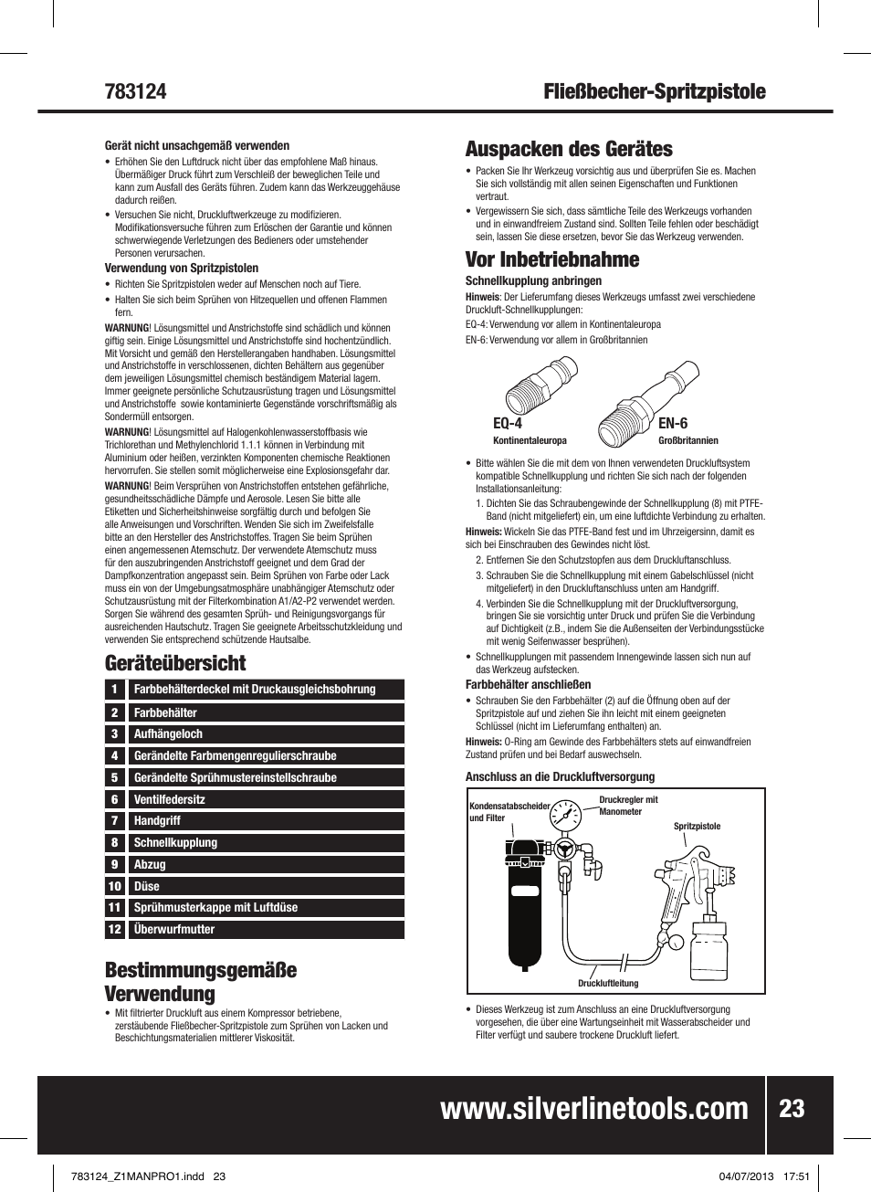 Bestimmungsgemäße verwendung, Fließbecher-spritzpistole, Vor inbetriebnahme | Geräteübersicht | Silverline Gravity Feed Spray Gun User Manual | Page 24 / 56