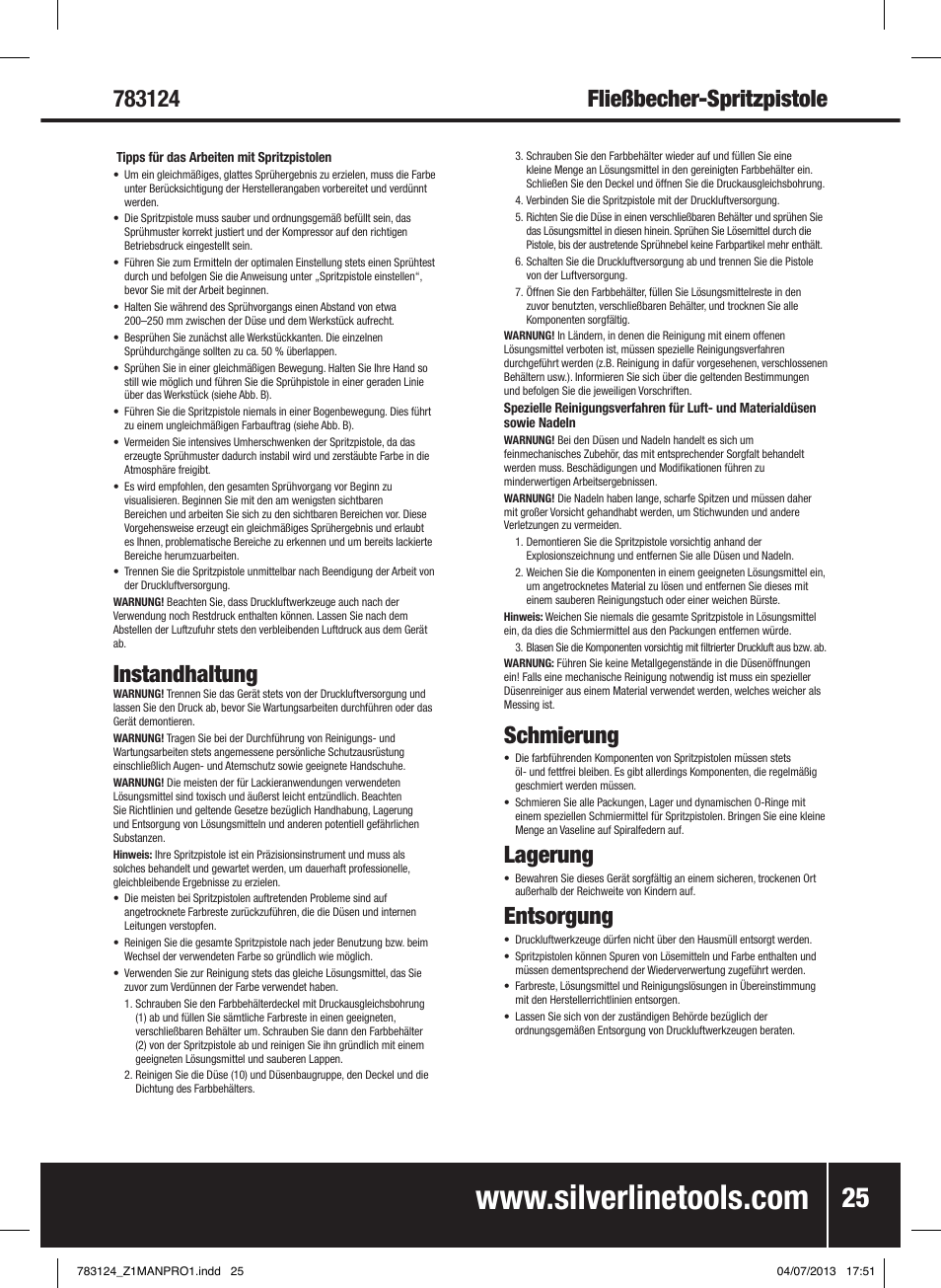 Instandhaltung, Schmierung, Lagerung | Entsorgung | Silverline Gravity Feed Spray Gun User Manual | Page 26 / 56
