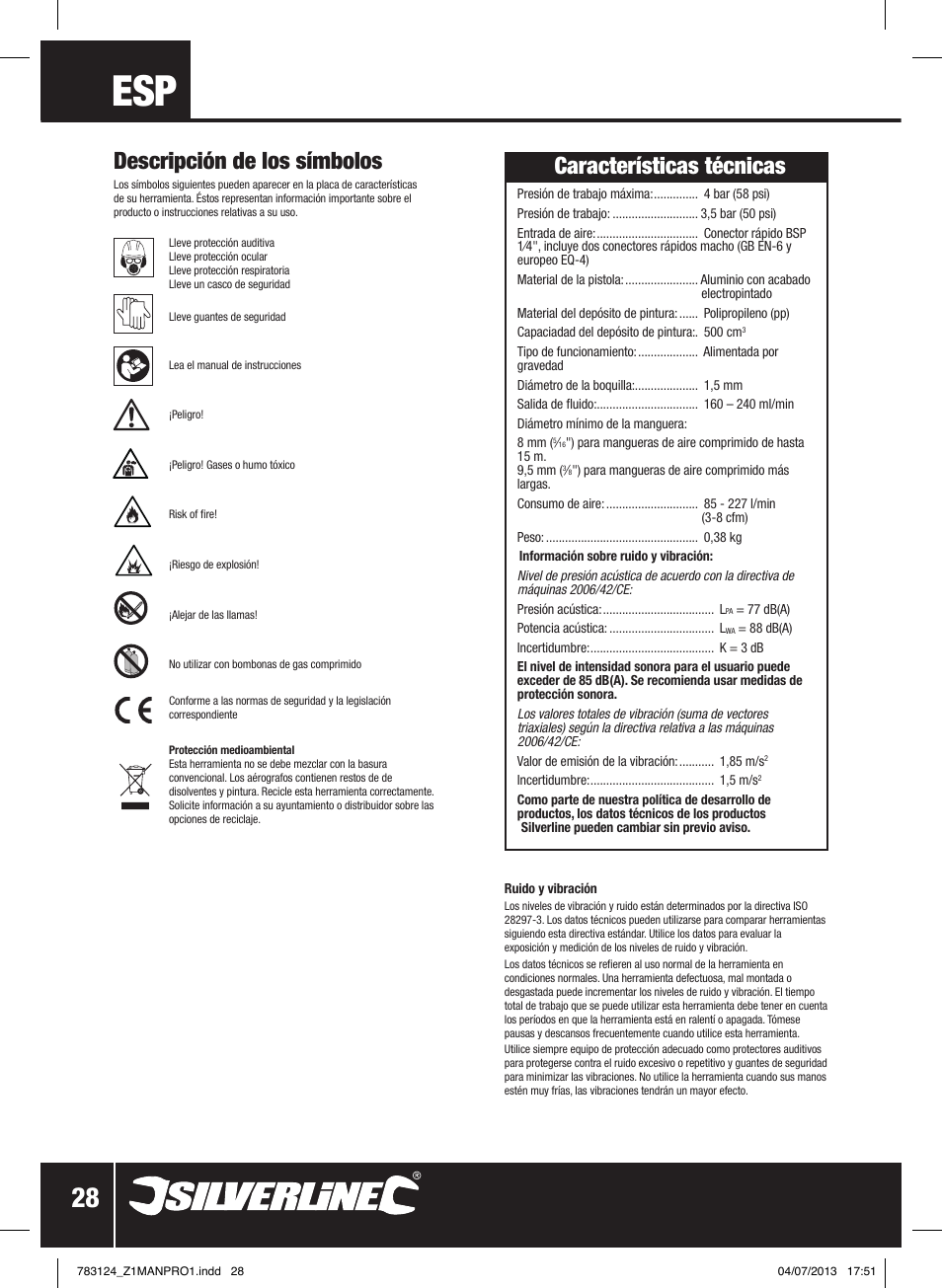 Características técnicas, Descripción de los símbolos | Silverline Gravity Feed Spray Gun User Manual | Page 29 / 56