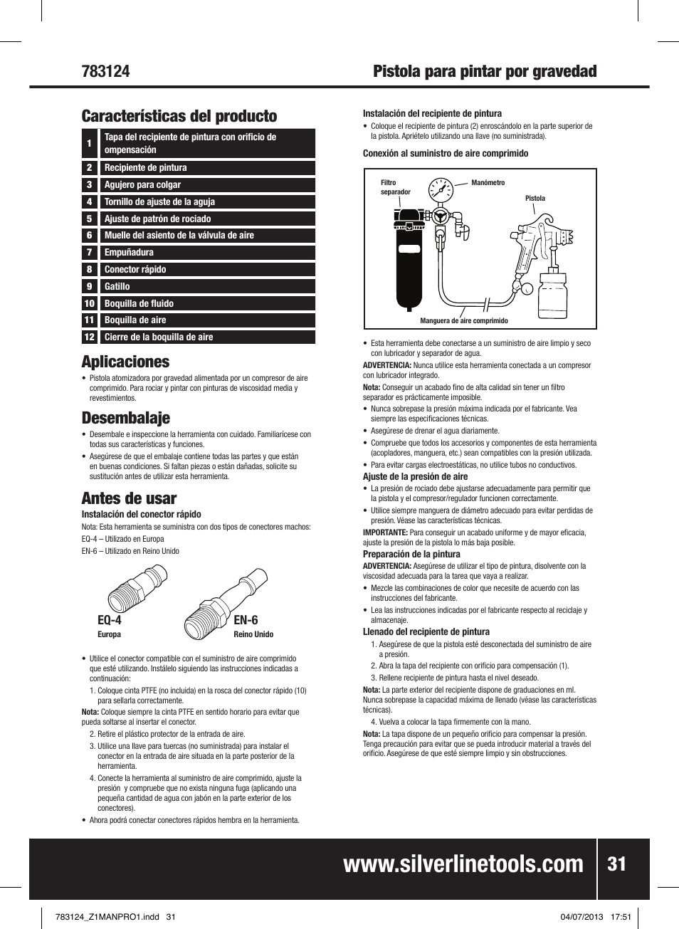 Pistola para pintar por gravedad aplicaciones, Desembalaje, Antes de usar | Características del producto, Eq-4, En-6 | Silverline Gravity Feed Spray Gun User Manual | Page 32 / 56