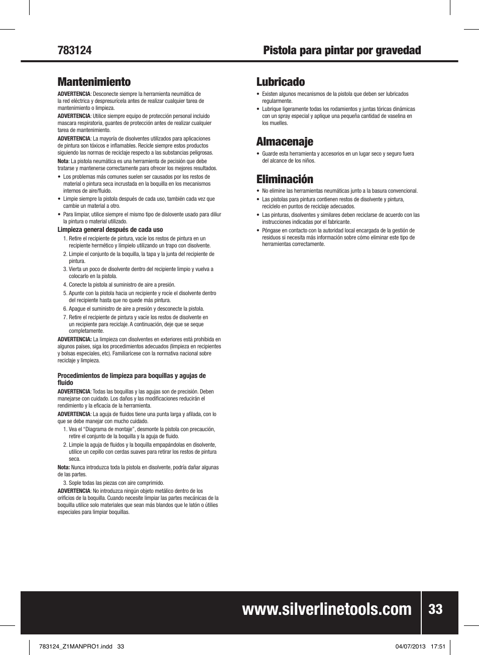 Lubricado, Almacenaje, Eliminación | Silverline Gravity Feed Spray Gun User Manual | Page 34 / 56