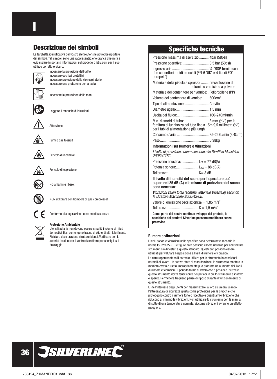 Descrizione dei simboli, Specifiche tecniche | Silverline Gravity Feed Spray Gun User Manual | Page 37 / 56