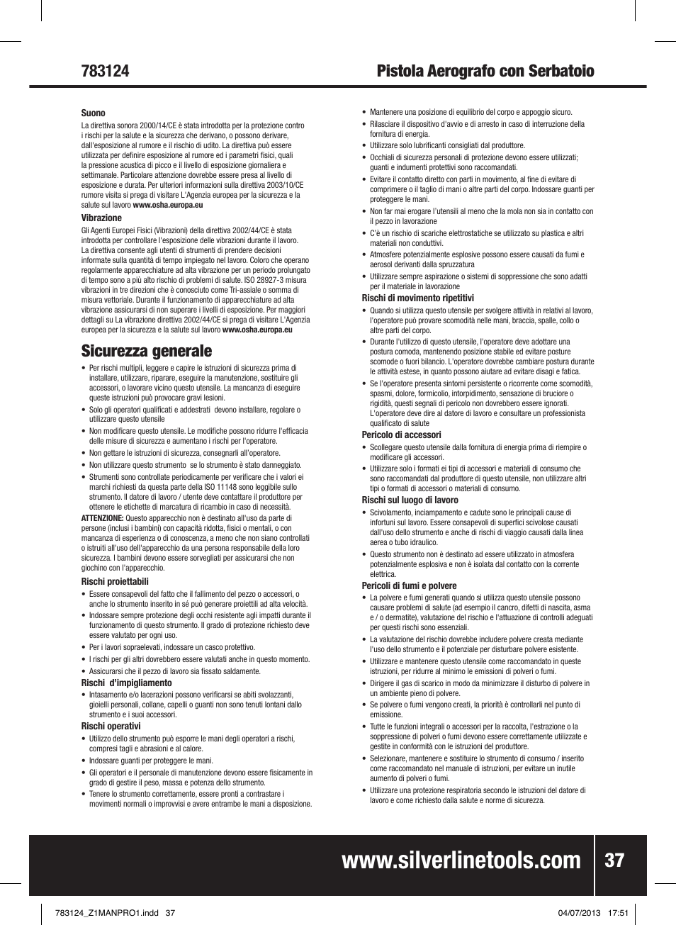 Pistola aerografo con serbatoio, Sicurezza generale | Silverline Gravity Feed Spray Gun User Manual | Page 38 / 56