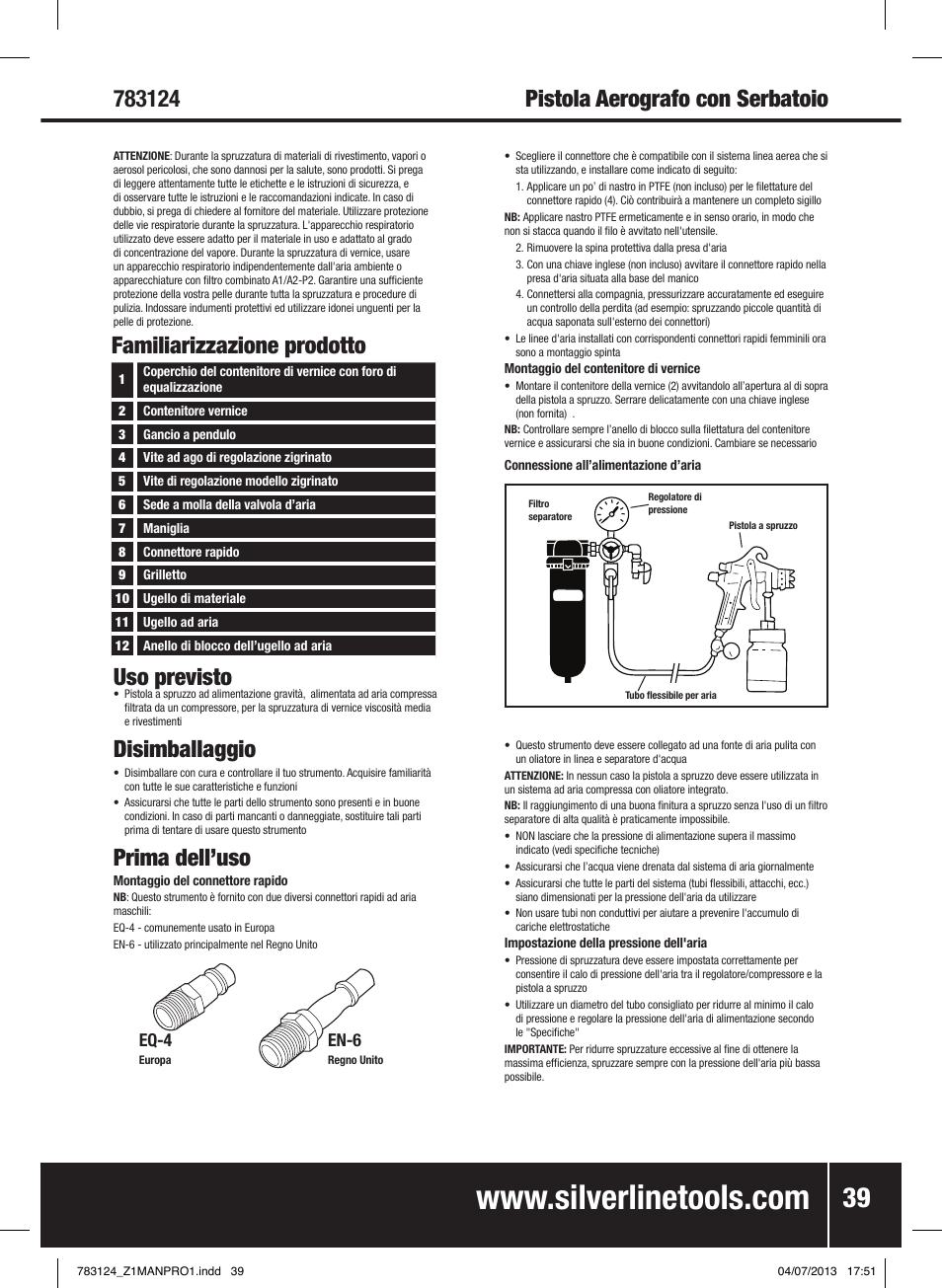 Pistola aerografo con serbatoio, Uso previsto, Disimballaggio | Prima dell’uso, Familiarizzazione prodotto, Eq-4, En-6 | Silverline Gravity Feed Spray Gun User Manual | Page 40 / 56