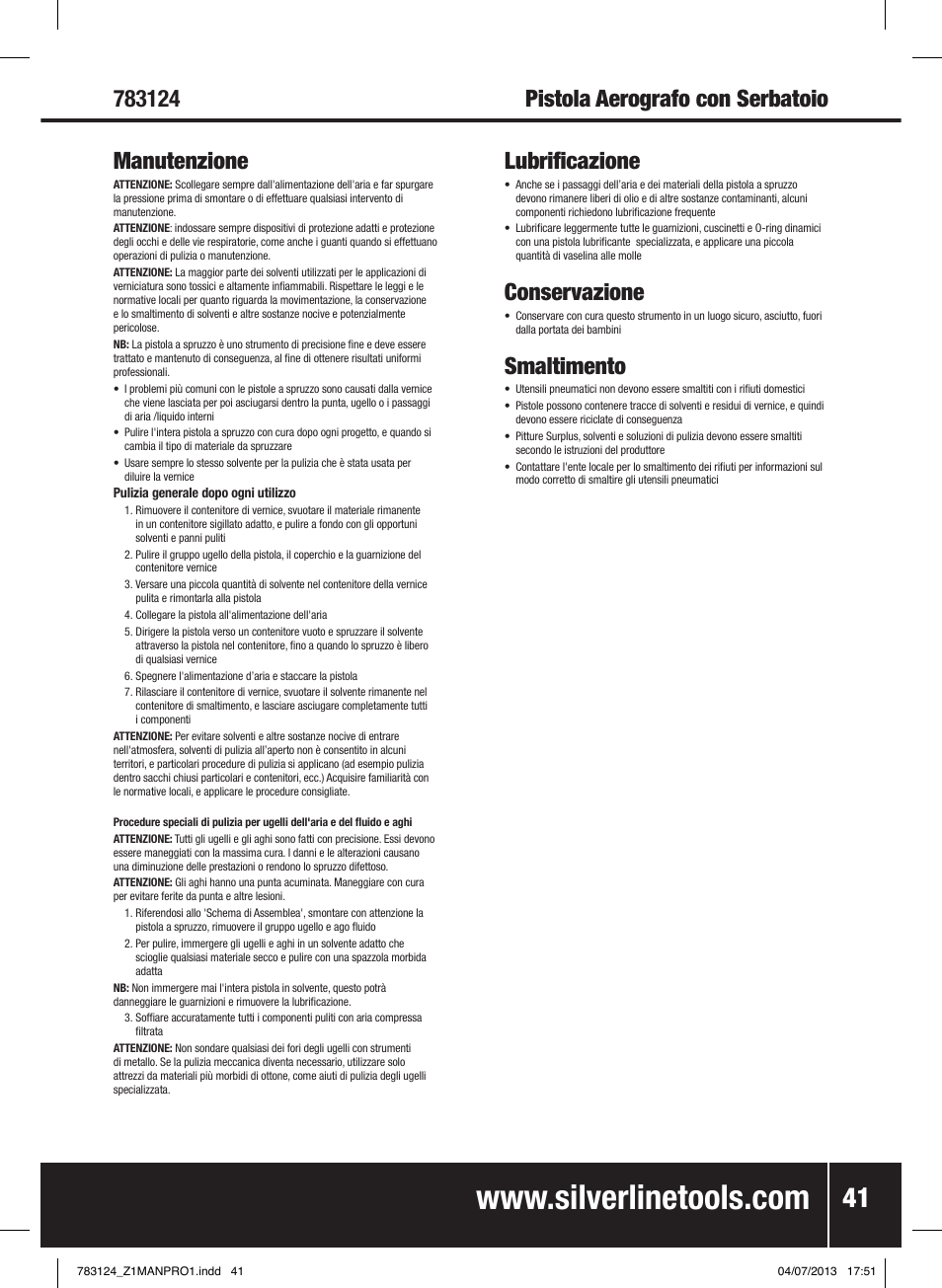 Lubrificazione, Conservazione, Smaltimento | Silverline Gravity Feed Spray Gun User Manual | Page 42 / 56