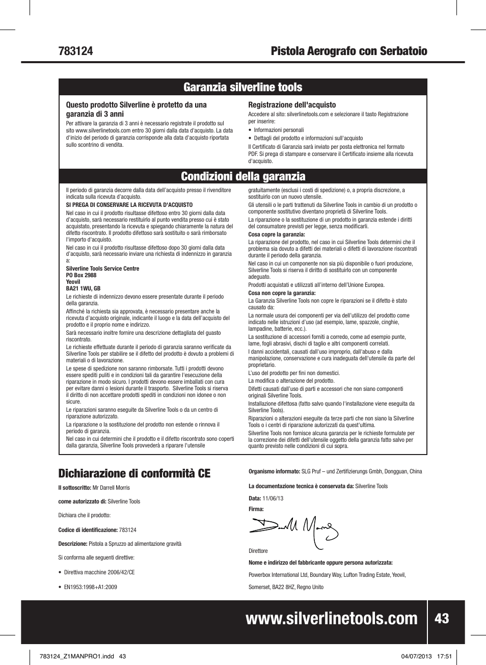 Dichiarazione di conformità ce | Silverline Gravity Feed Spray Gun User Manual | Page 44 / 56
