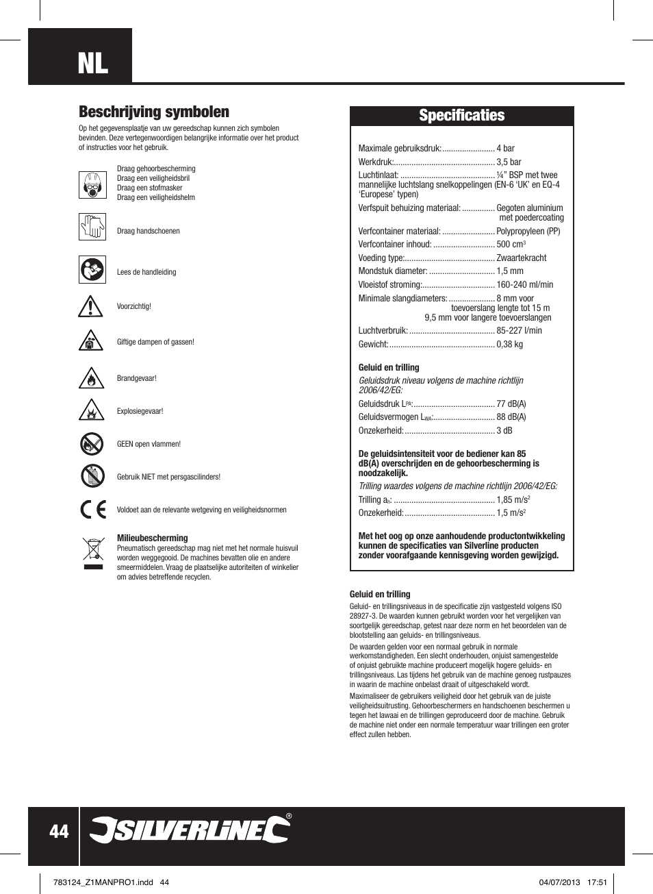 Specificaties, Beschrijving symbolen | Silverline Gravity Feed Spray Gun User Manual | Page 45 / 56