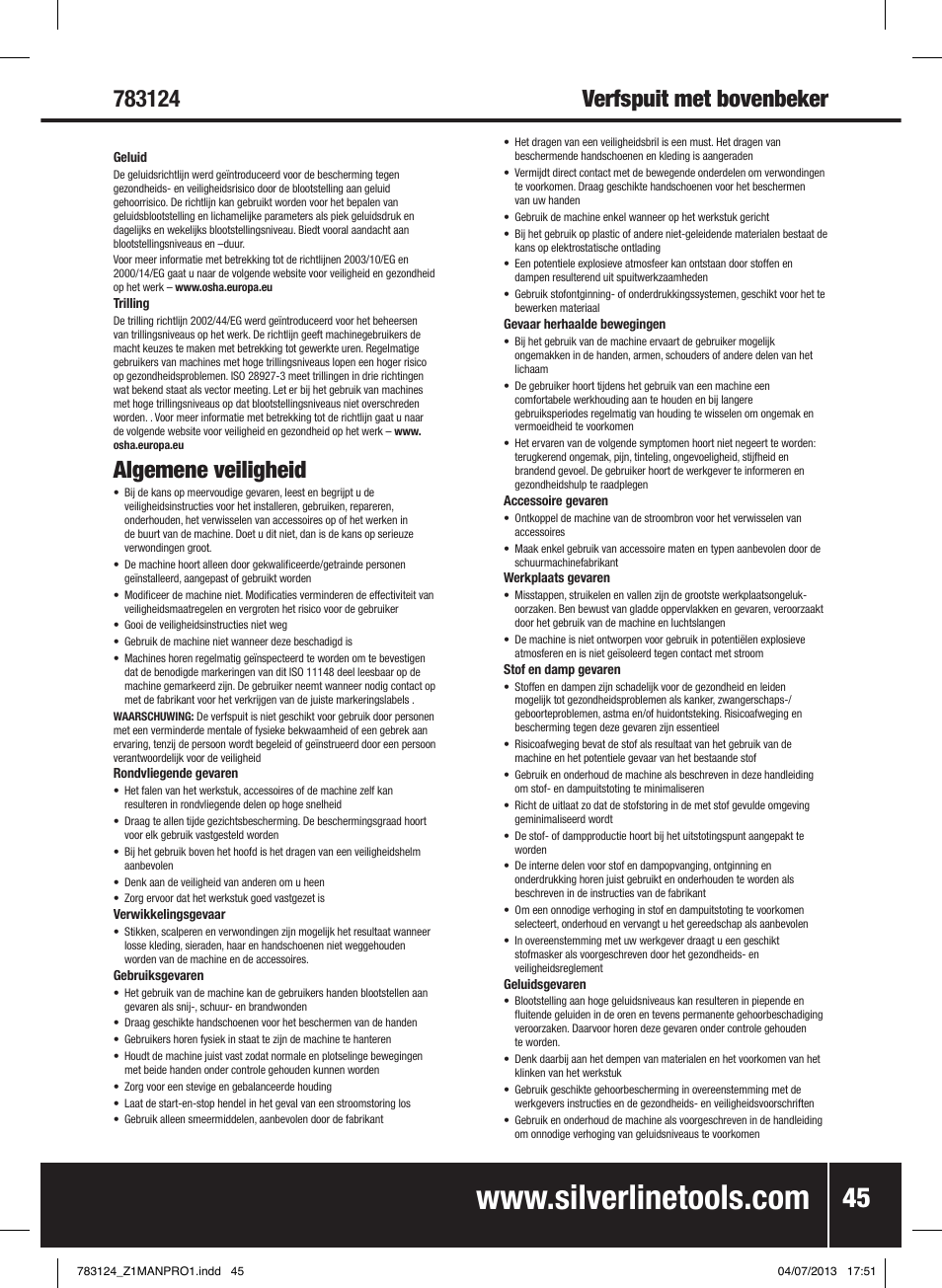 Verfspuit met bovenbeker, Algemene veiligheid | Silverline Gravity Feed Spray Gun User Manual | Page 46 / 56