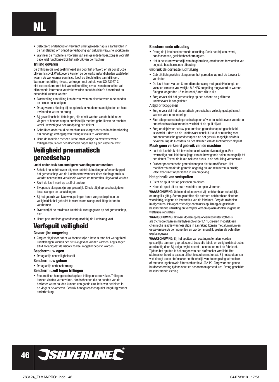 Veiligheid pneumatisch gereedschap, Verfspuit veiligheid | Silverline Gravity Feed Spray Gun User Manual | Page 47 / 56