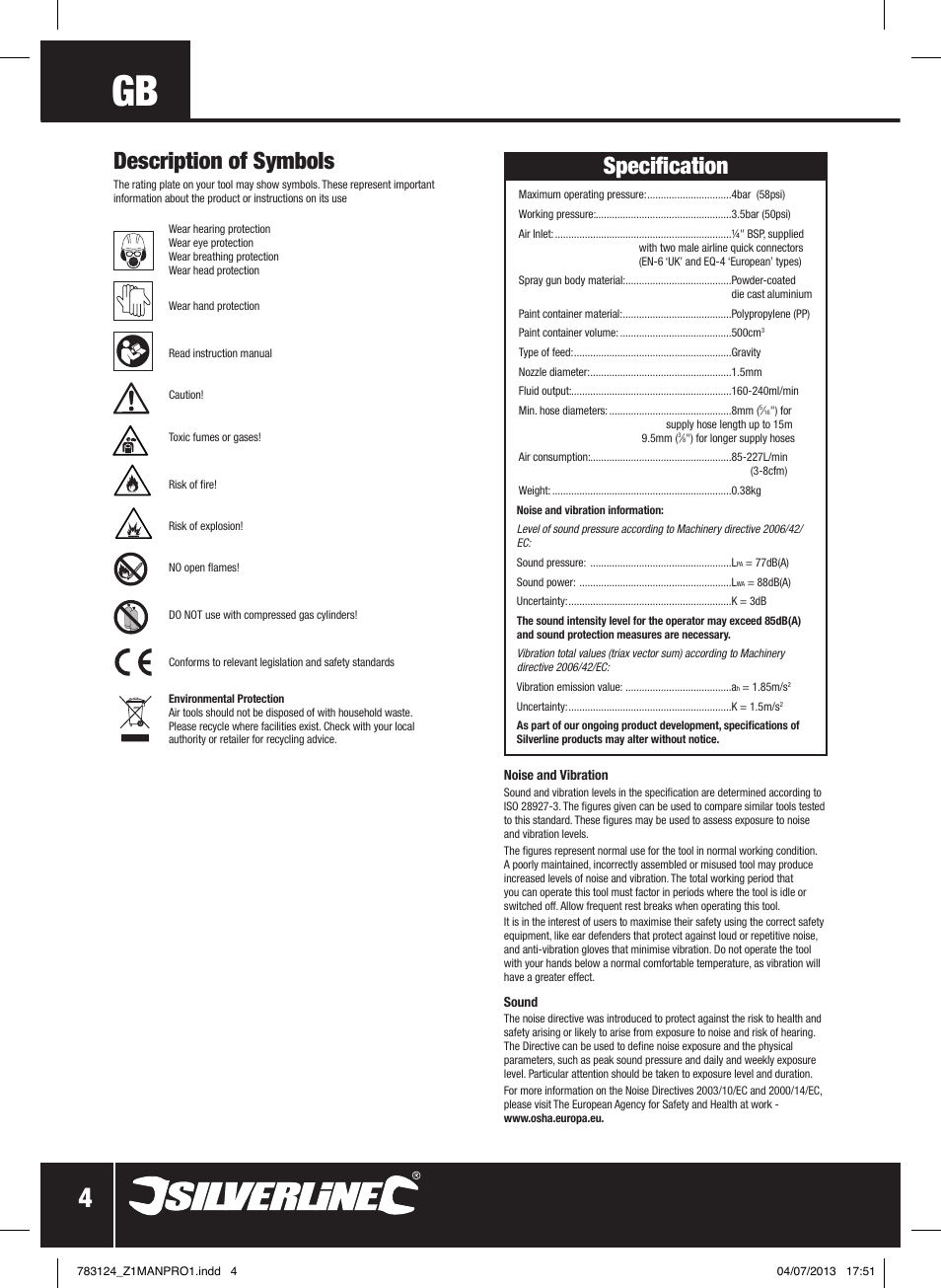 Specification, Description of symbols | Silverline Gravity Feed Spray Gun User Manual | Page 5 / 56