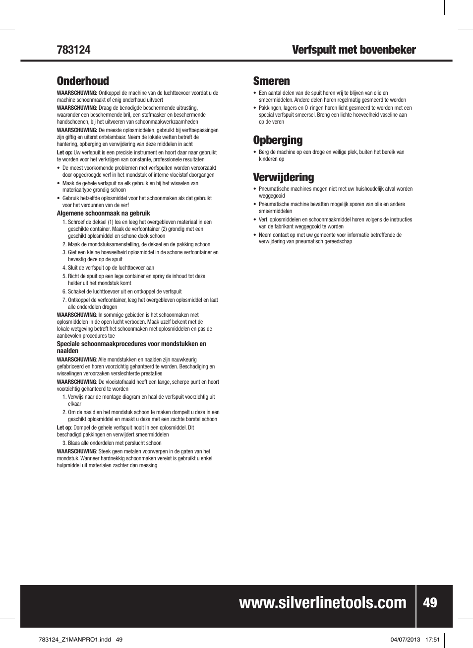 Smeren, Opberging, Verwijdering | Silverline Gravity Feed Spray Gun User Manual | Page 50 / 56