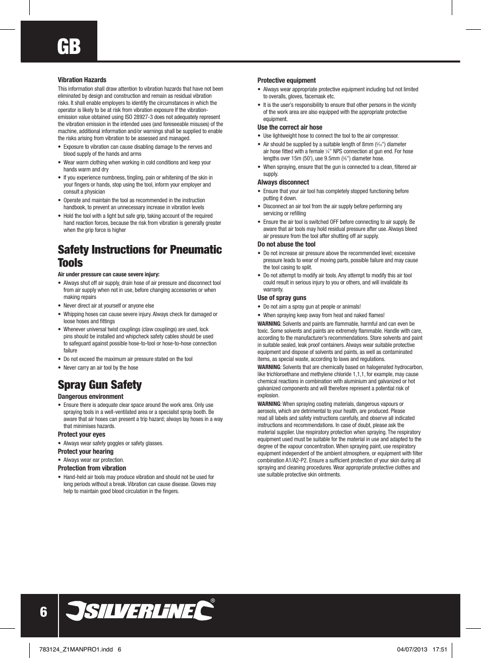 Safety instructions for pneumatic tools, Spray gun safety | Silverline Gravity Feed Spray Gun User Manual | Page 7 / 56