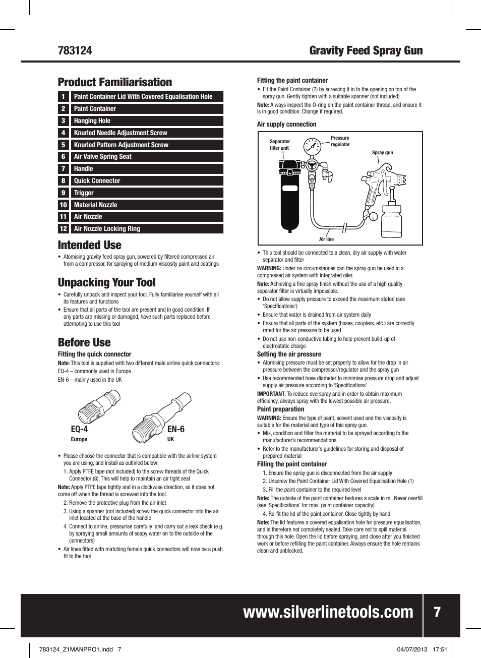 Gravity feed spray gun intended use, Unpacking your tool, Before use | Product familiarisation, Eq-4, En-6 | Silverline Gravity Feed Spray Gun User Manual | Page 8 / 56