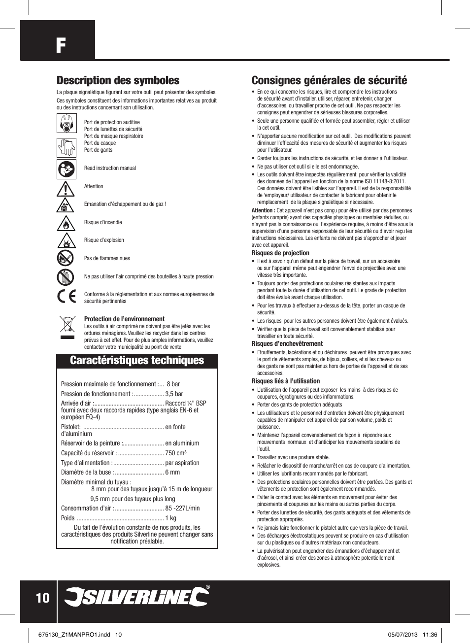 Caractéristiques techniques, Consignes générales de sécurité, Description des symboles | Silverline Suction Feed Undercoat Gun User Manual | Page 11 / 44