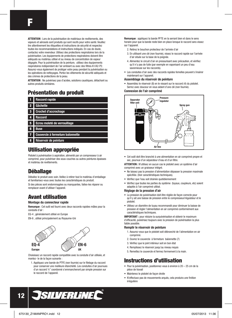 Présentation du produit, Utilisation appropriée, Déballage | Avant utilisation, Instructions d’utilisation, Eq-4, En-6 | Silverline Suction Feed Undercoat Gun User Manual | Page 13 / 44