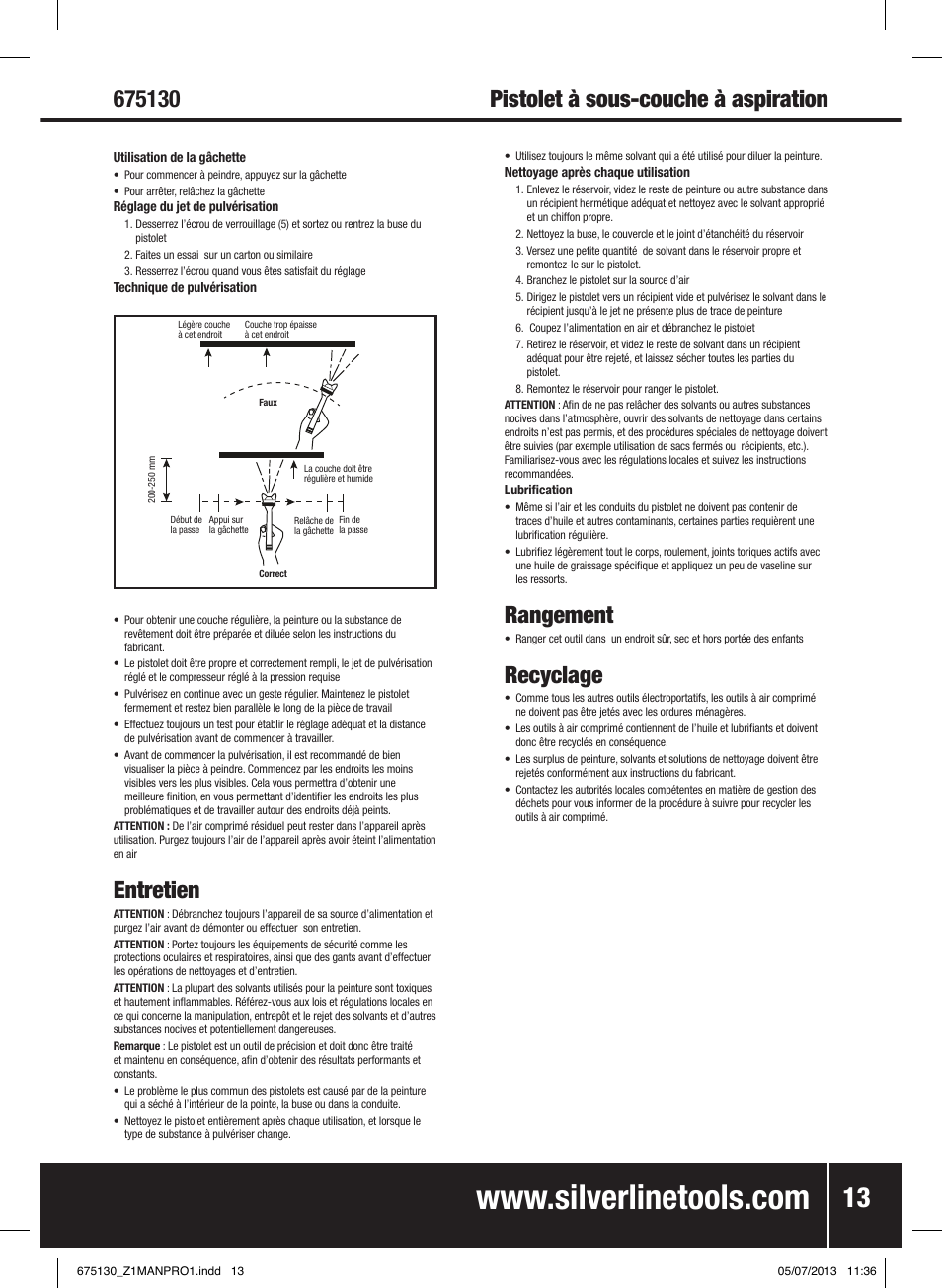 Rangement, Recyclage, Pistolet à sous-couche à aspiration | Entretien | Silverline Suction Feed Undercoat Gun User Manual | Page 14 / 44