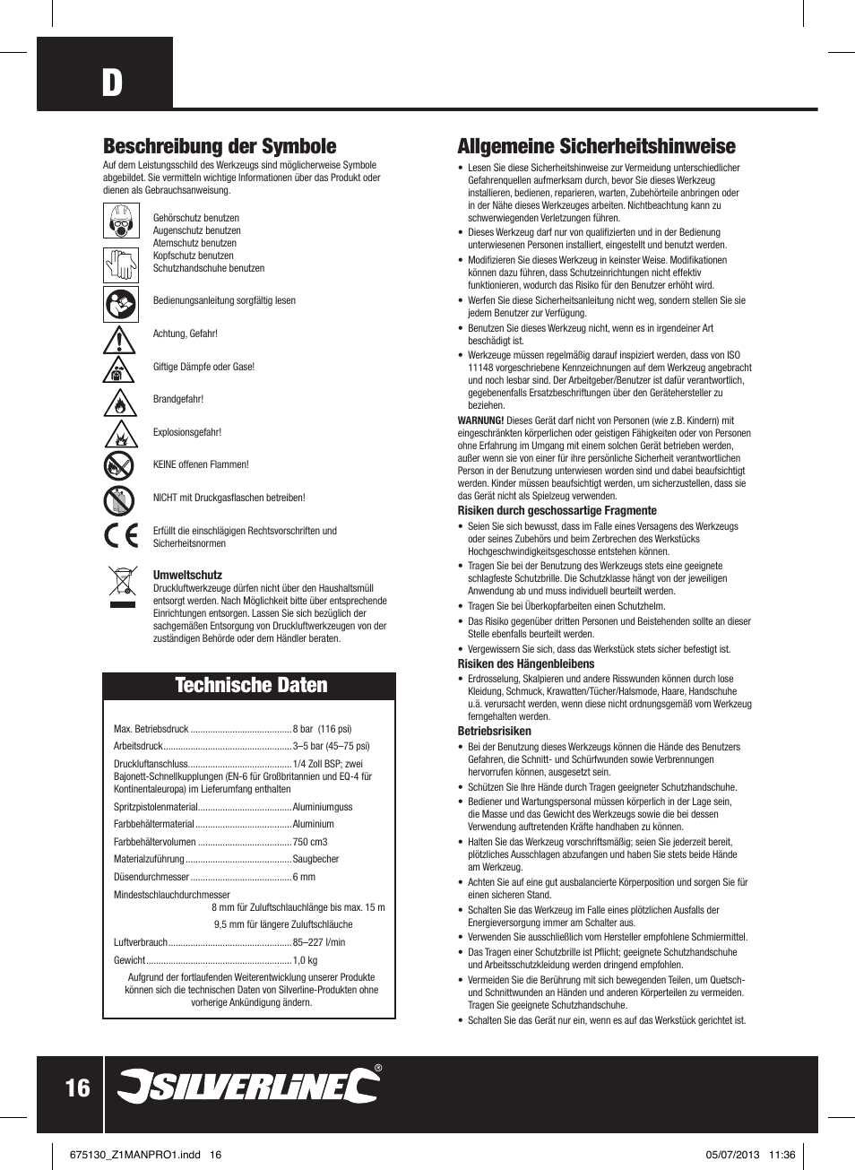 Technische daten, Allgemeine sicherheitshinweise, Beschreibung der symbole | Silverline Suction Feed Undercoat Gun User Manual | Page 17 / 44