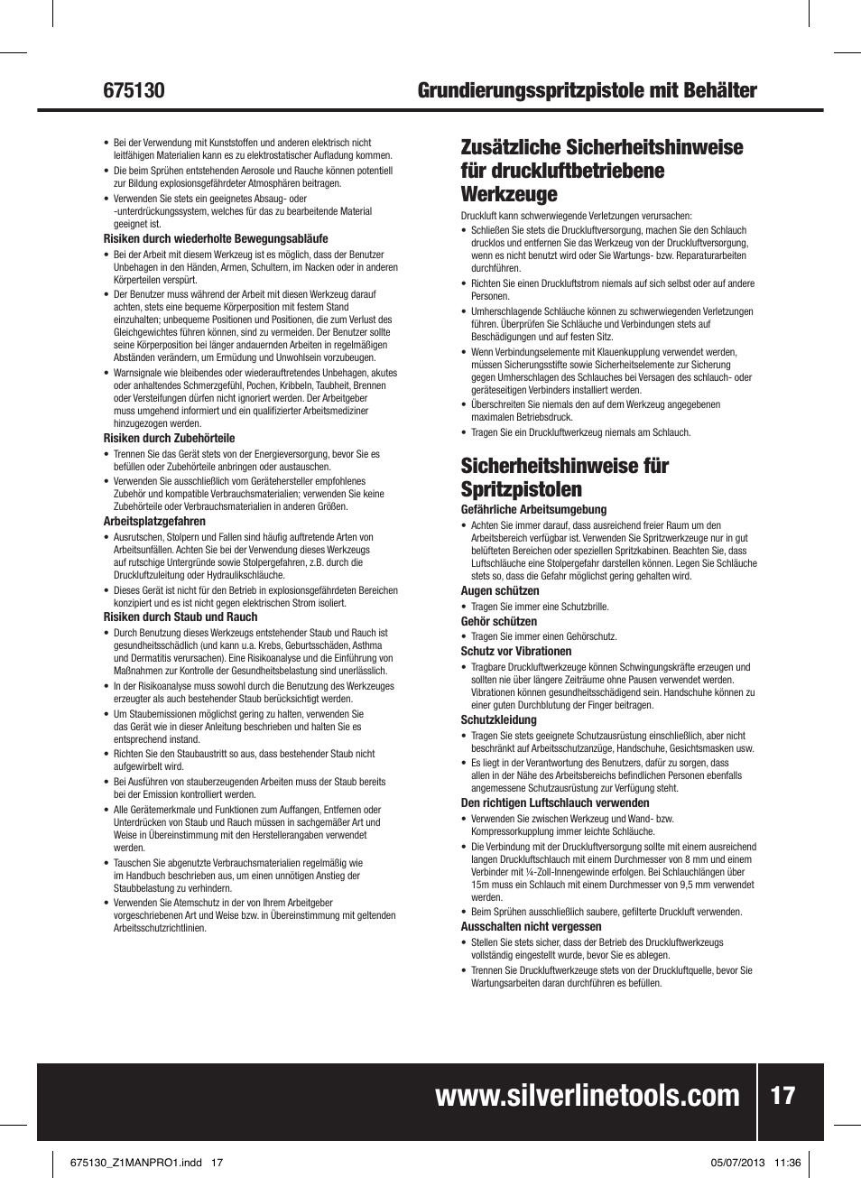 Grundierungsspritzpistole mit behälter, Sicherheitshinweise für spritzpistolen | Silverline Suction Feed Undercoat Gun User Manual | Page 18 / 44