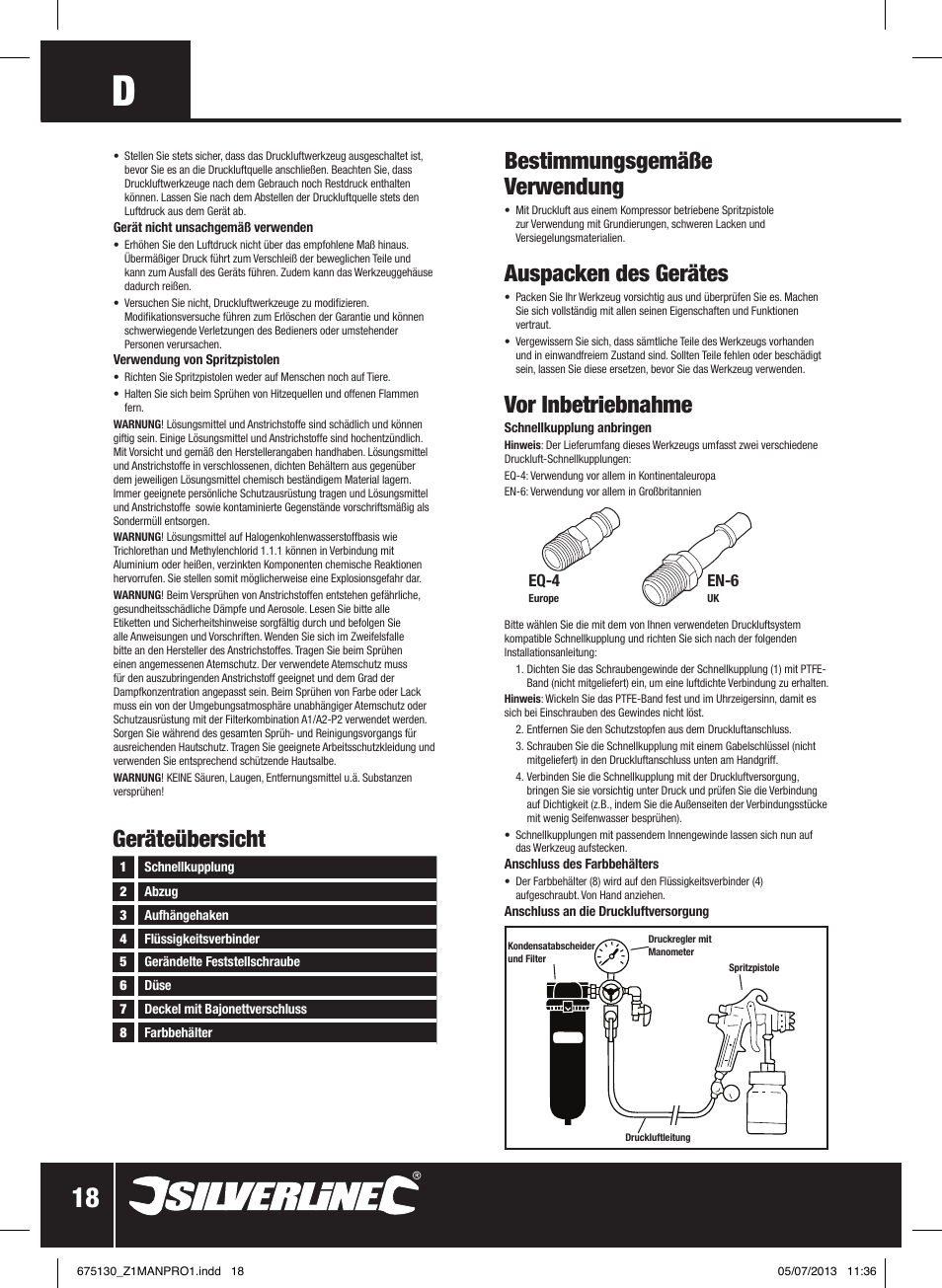 Geräteübersicht, Bestimmungsgemäße verwendung, Auspacken des gerätes | Vor inbetriebnahme | Silverline Suction Feed Undercoat Gun User Manual | Page 19 / 44