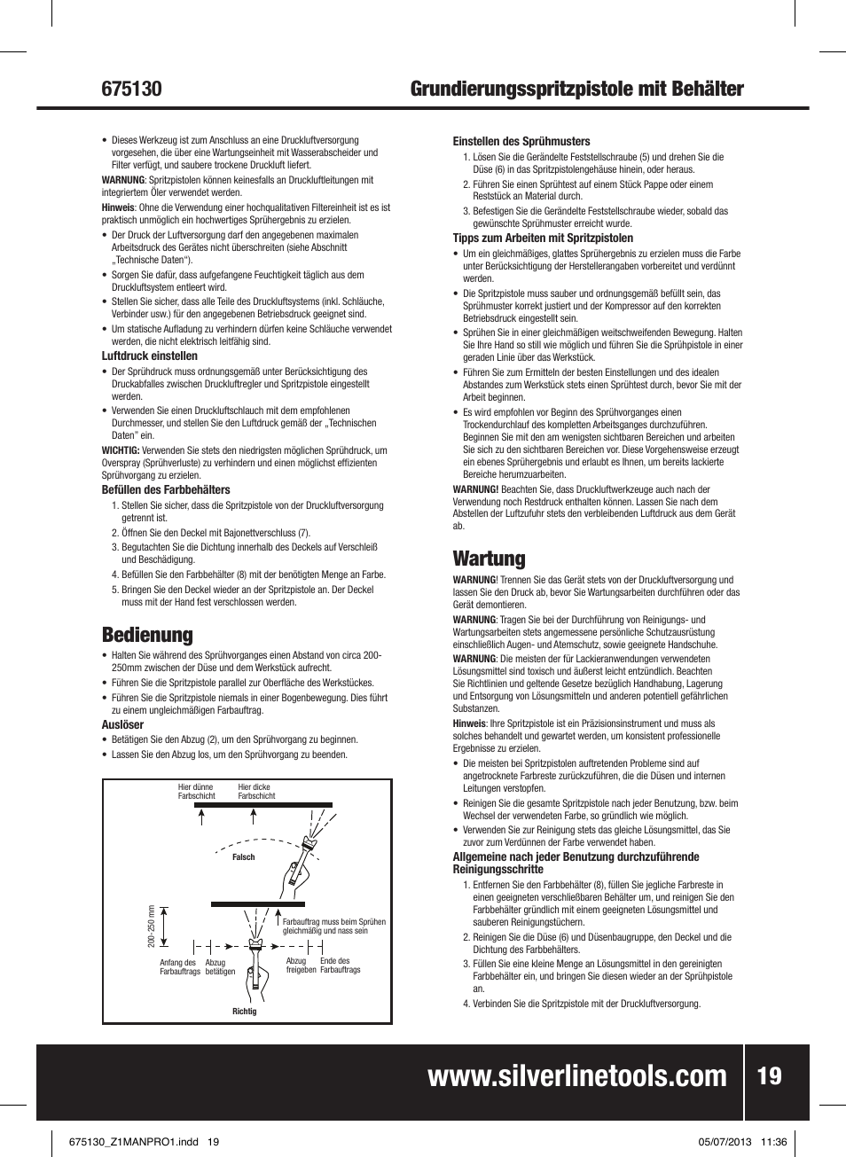 Grundierungsspritzpistole mit behälter, Bedienung, Wartung | Silverline Suction Feed Undercoat Gun User Manual | Page 20 / 44
