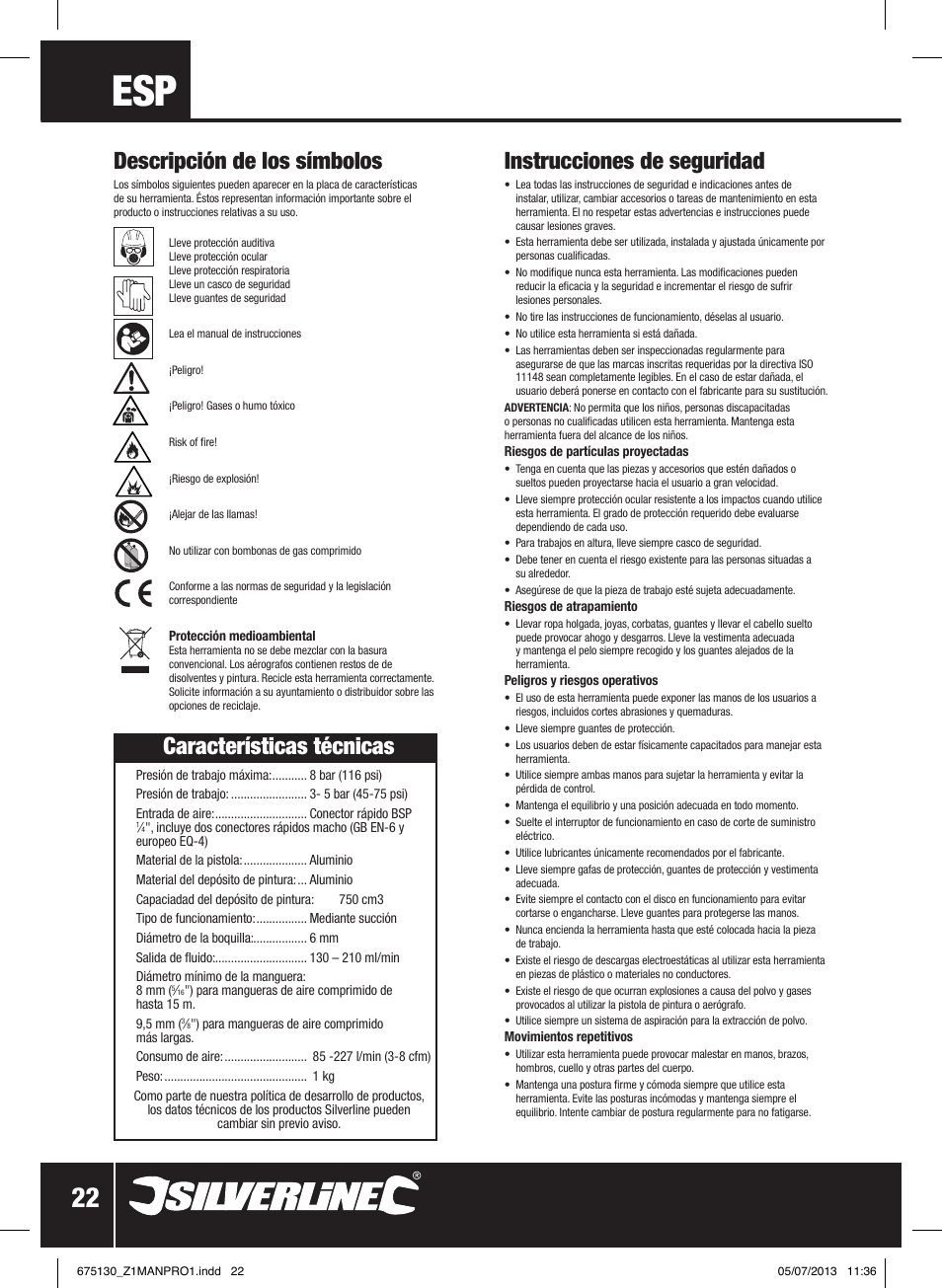 Instrucciones de seguridad, Características técnicas, Descripción de los símbolos | Silverline Suction Feed Undercoat Gun User Manual | Page 23 / 44