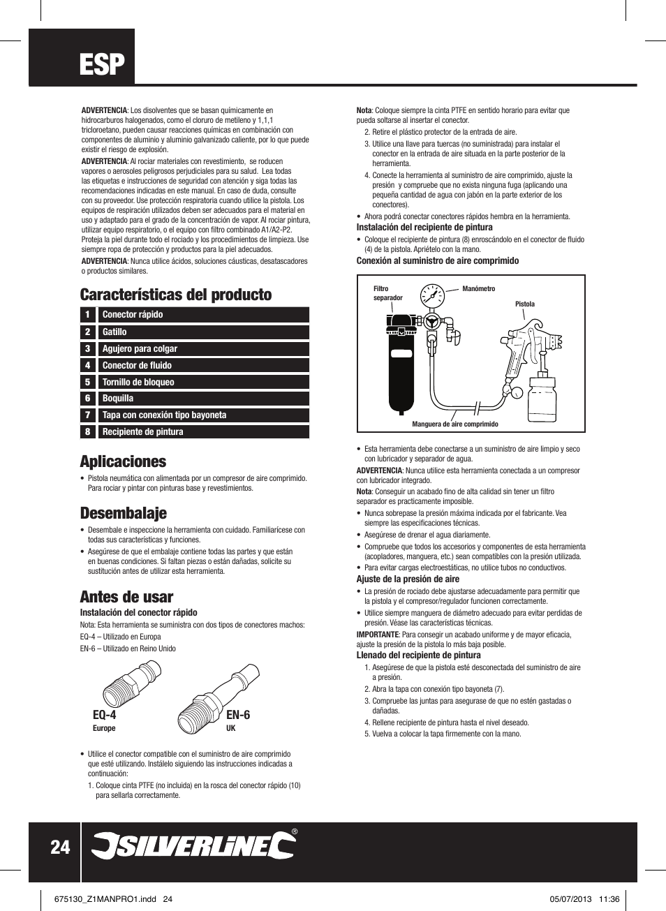 Características del producto aplicaciones, Desembalaje, Antes de usar | Eq-4, En-6 | Silverline Suction Feed Undercoat Gun User Manual | Page 25 / 44