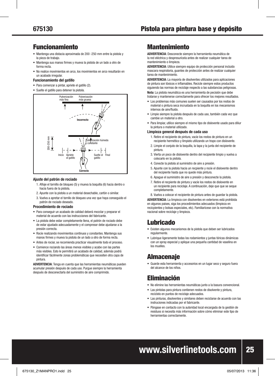Funcionamiento, Pistola para pintura base y depósito mantenimiento, Lubricado | Almacenaje, Eliminación | Silverline Suction Feed Undercoat Gun User Manual | Page 26 / 44