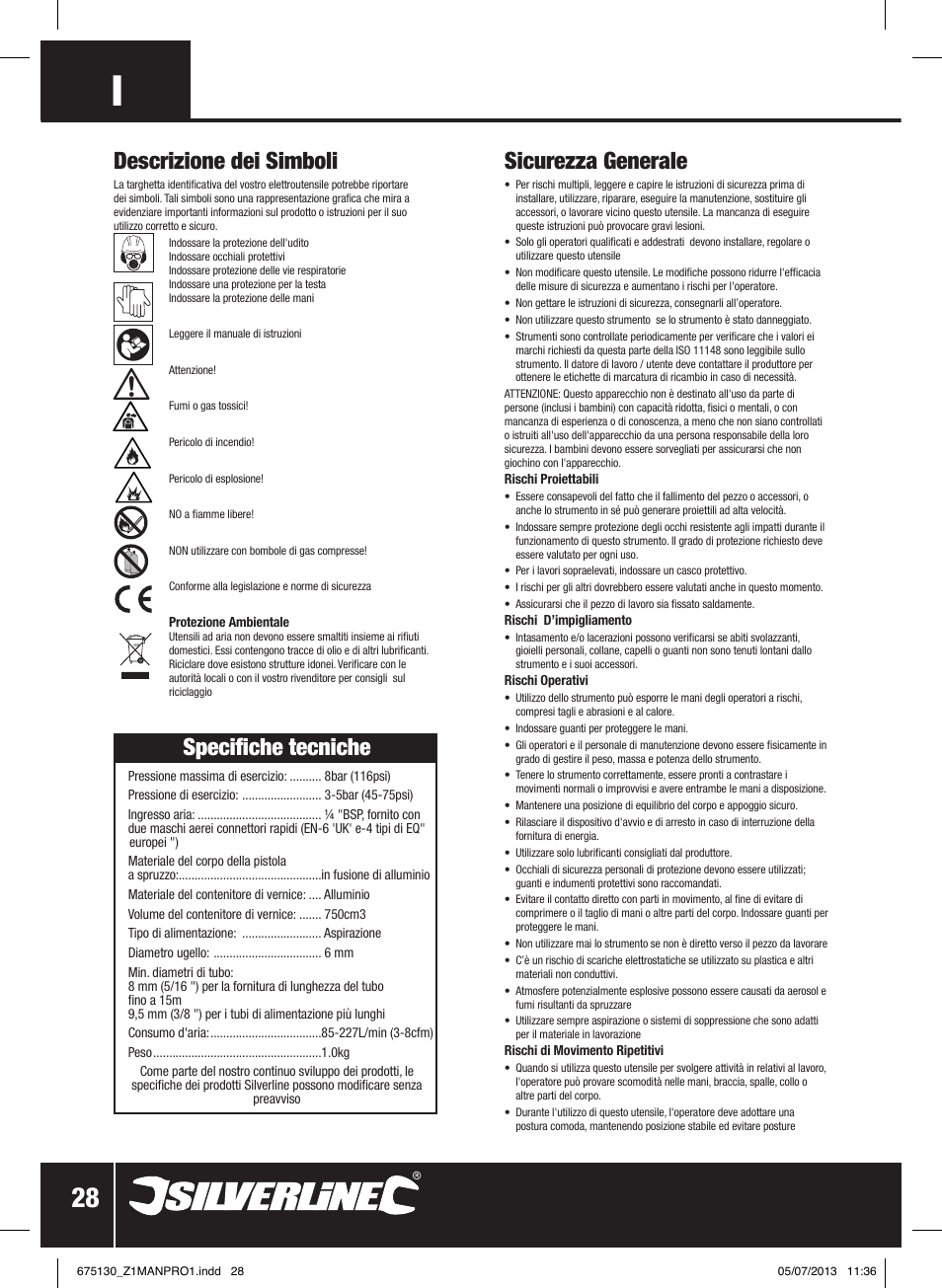 Sicurezza generale, Descrizione dei simboli, Specifiche tecniche | Silverline Suction Feed Undercoat Gun User Manual | Page 29 / 44