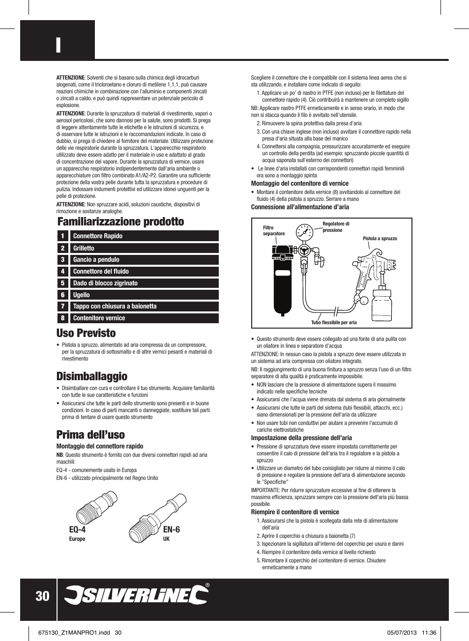 Uso previsto, Disimballaggio, Prima dell’uso | Familiarizzazione prodotto, Eq-4, En-6 | Silverline Suction Feed Undercoat Gun User Manual | Page 31 / 44