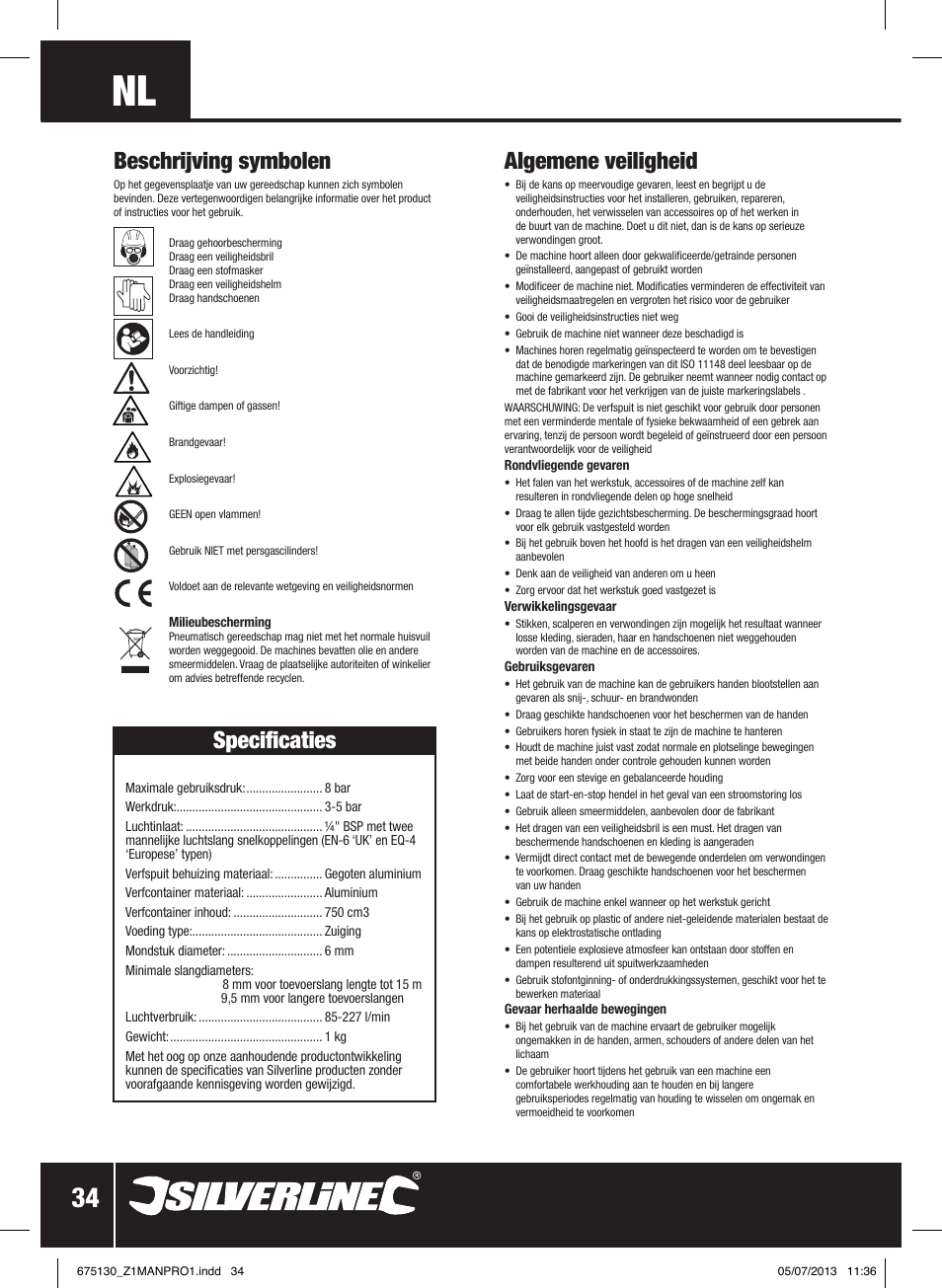 Algemene veiligheid, Specificaties, Beschrijving symbolen | Silverline Suction Feed Undercoat Gun User Manual | Page 35 / 44