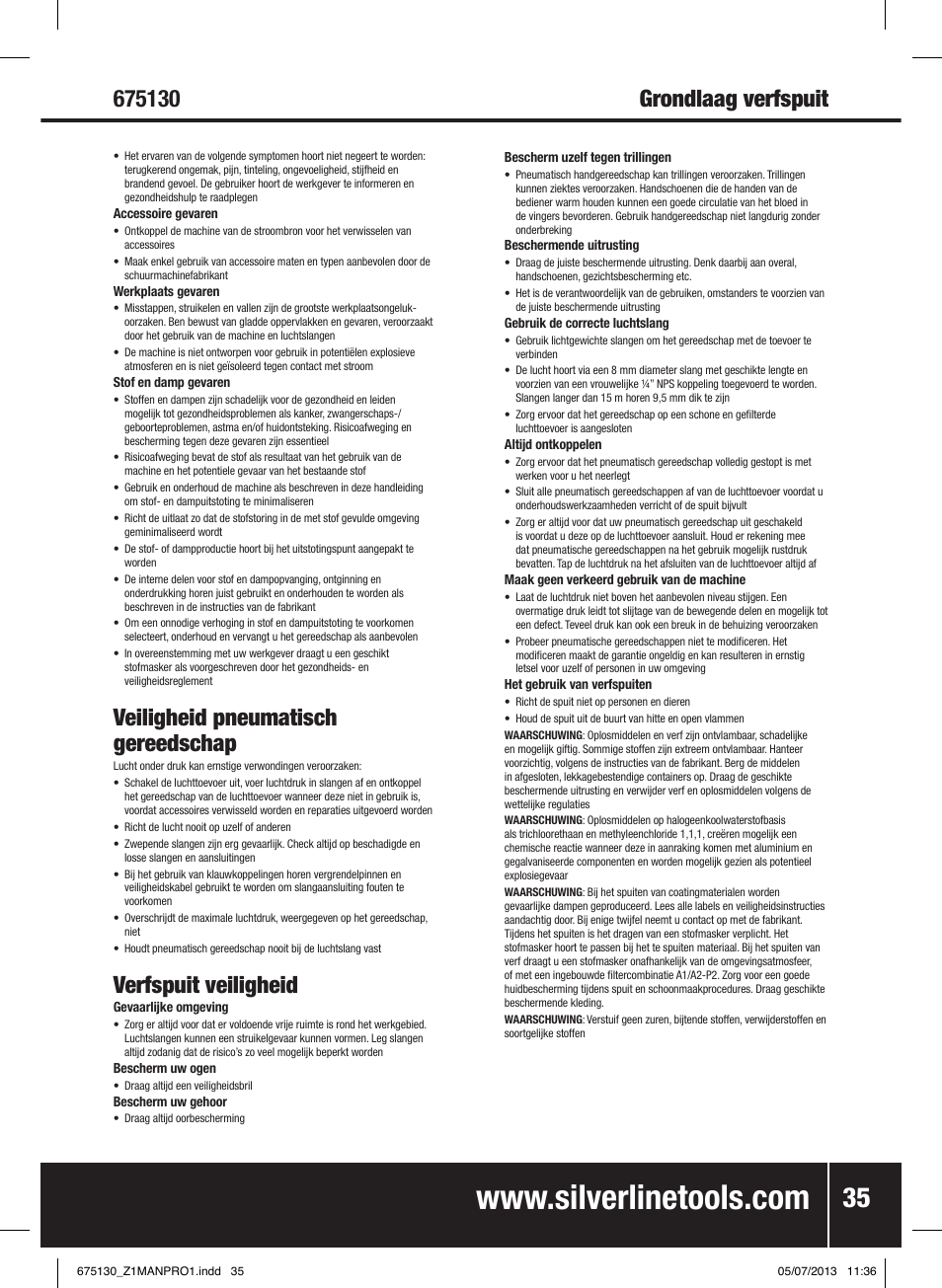 Grondlaag verfspuit, Veiligheid pneumatisch gereedschap, Verfspuit veiligheid | Silverline Suction Feed Undercoat Gun User Manual | Page 36 / 44