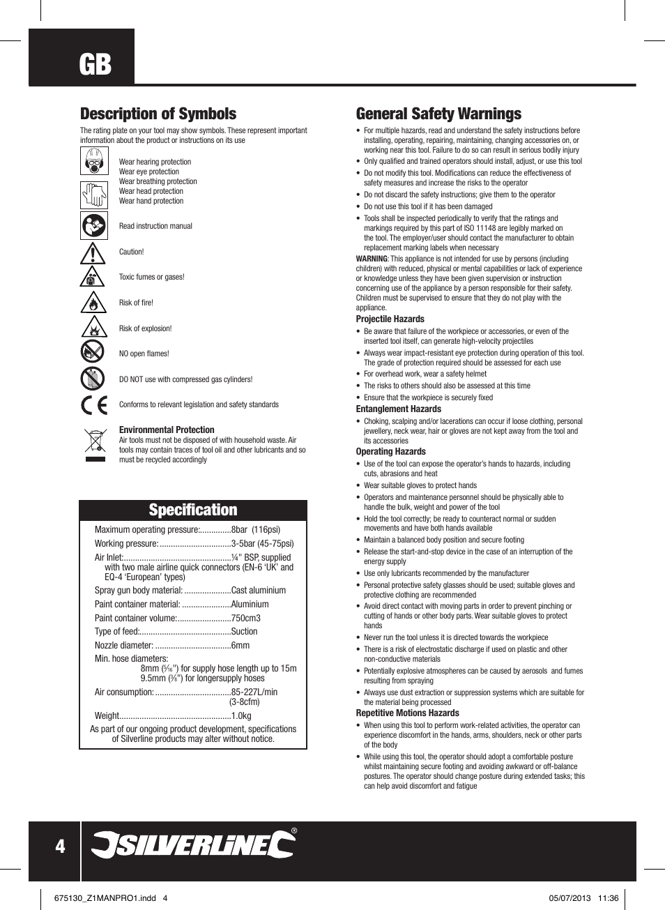 General safety warnings, Specification, Description of symbols | Silverline Suction Feed Undercoat Gun User Manual | Page 5 / 44