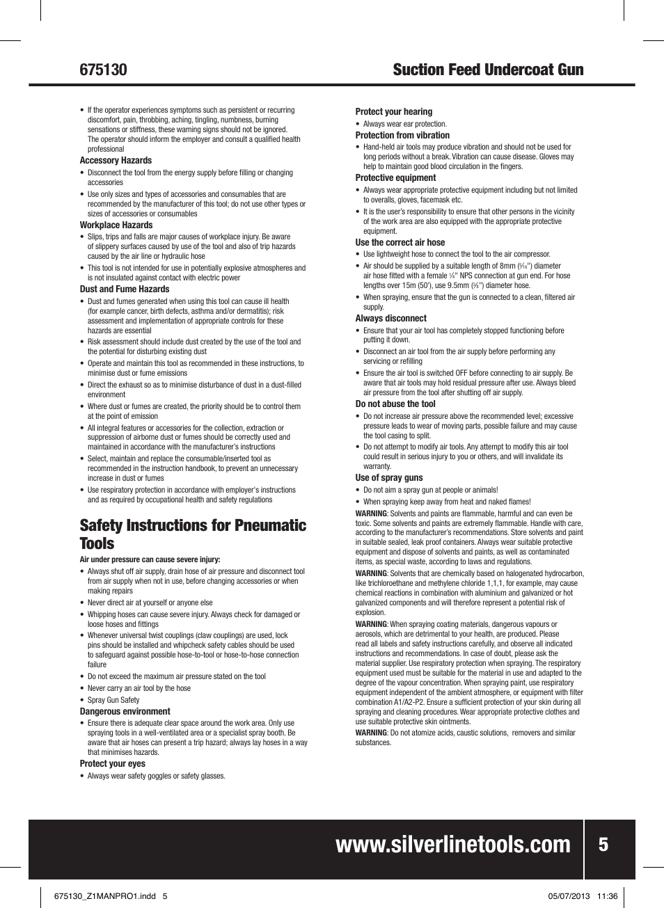 Safety instructions for pneumatic tools | Silverline Suction Feed Undercoat Gun User Manual | Page 6 / 44