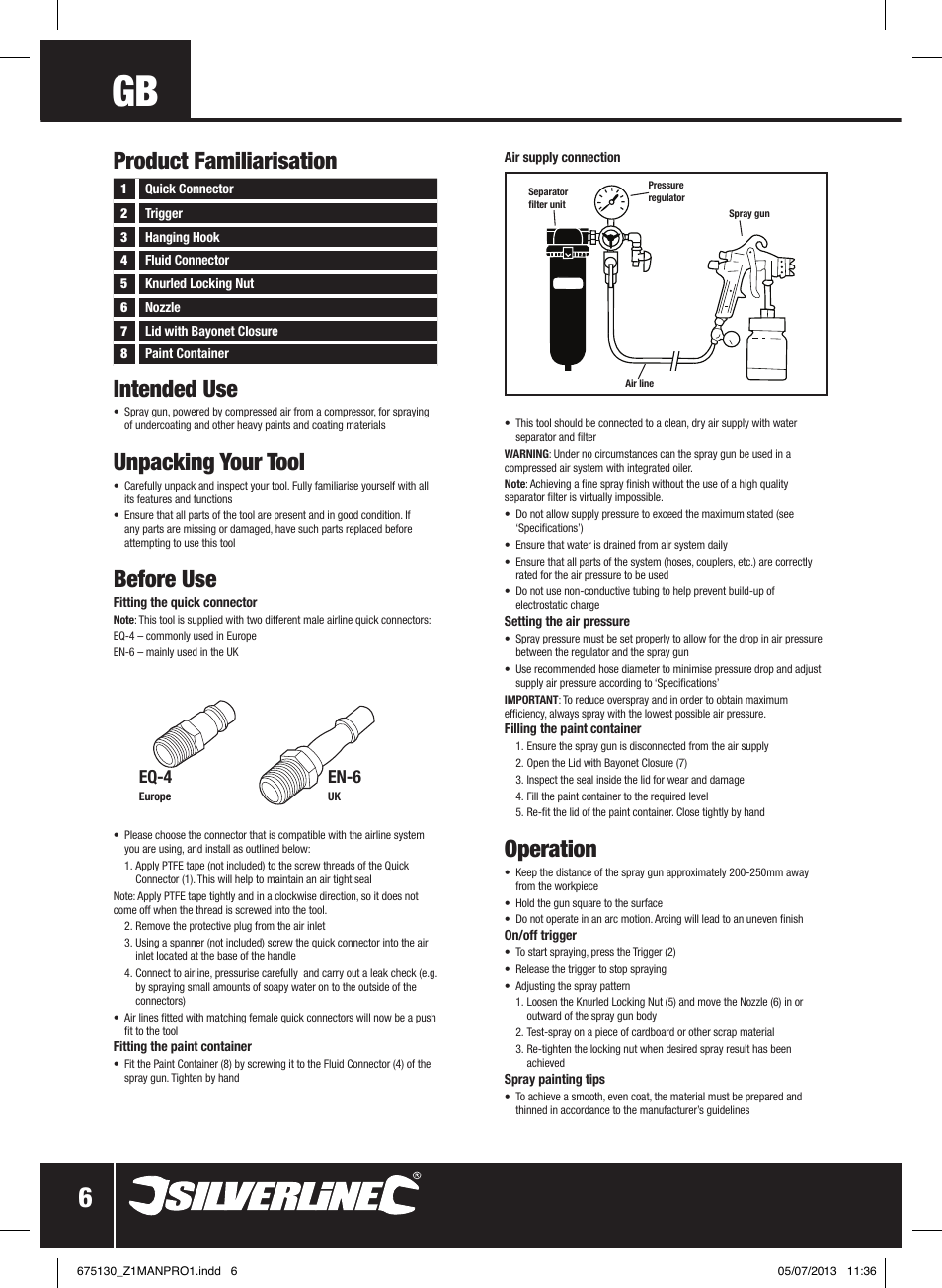 Intended use, Unpacking your tool, Before use | Operation, Product familiarisation, Eq-4, En-6 | Silverline Suction Feed Undercoat Gun User Manual | Page 7 / 44
