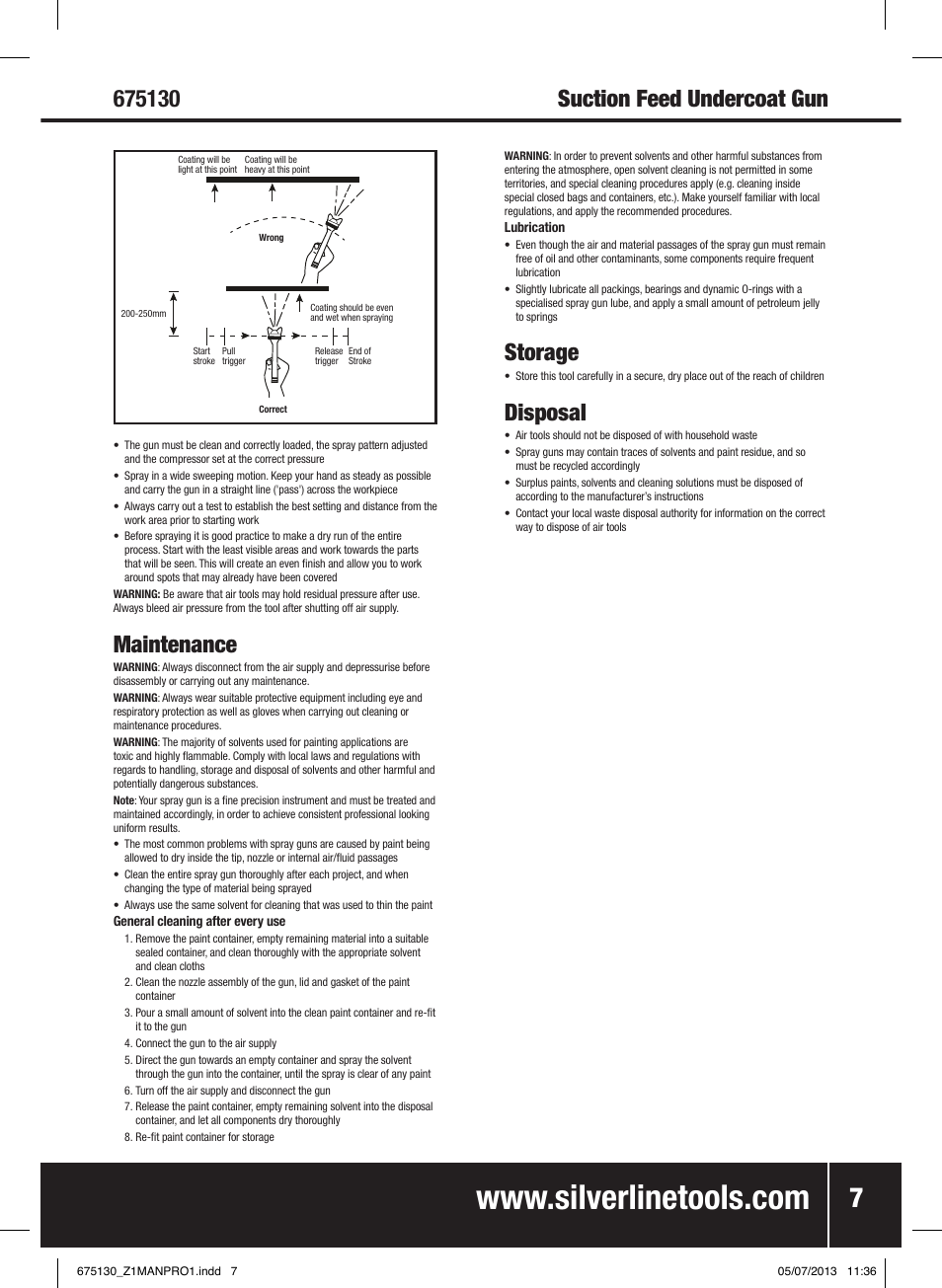 Suction feed undercoat gun, Maintenance, Storage | Disposal | Silverline Suction Feed Undercoat Gun User Manual | Page 8 / 44