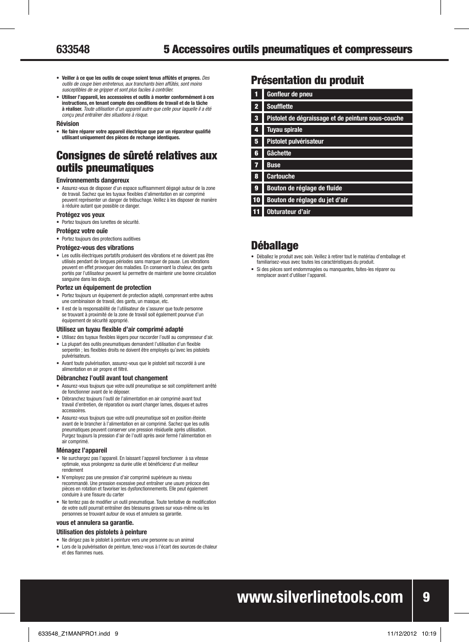 Déballage, Présentation du produit | Silverline Air Tools & Compressor Accessories Kit 5pce User Manual | Page 10 / 28