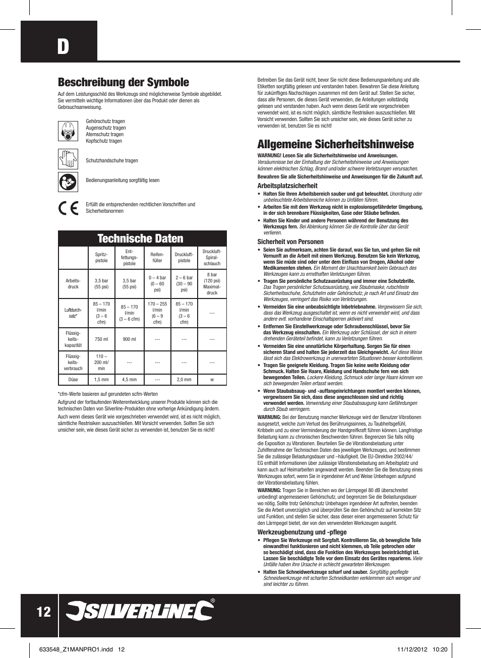 Technische daten, Beschreibung der symbole, Allgemeine sicherheitshinweise | Silverline Air Tools & Compressor Accessories Kit 5pce User Manual | Page 13 / 28