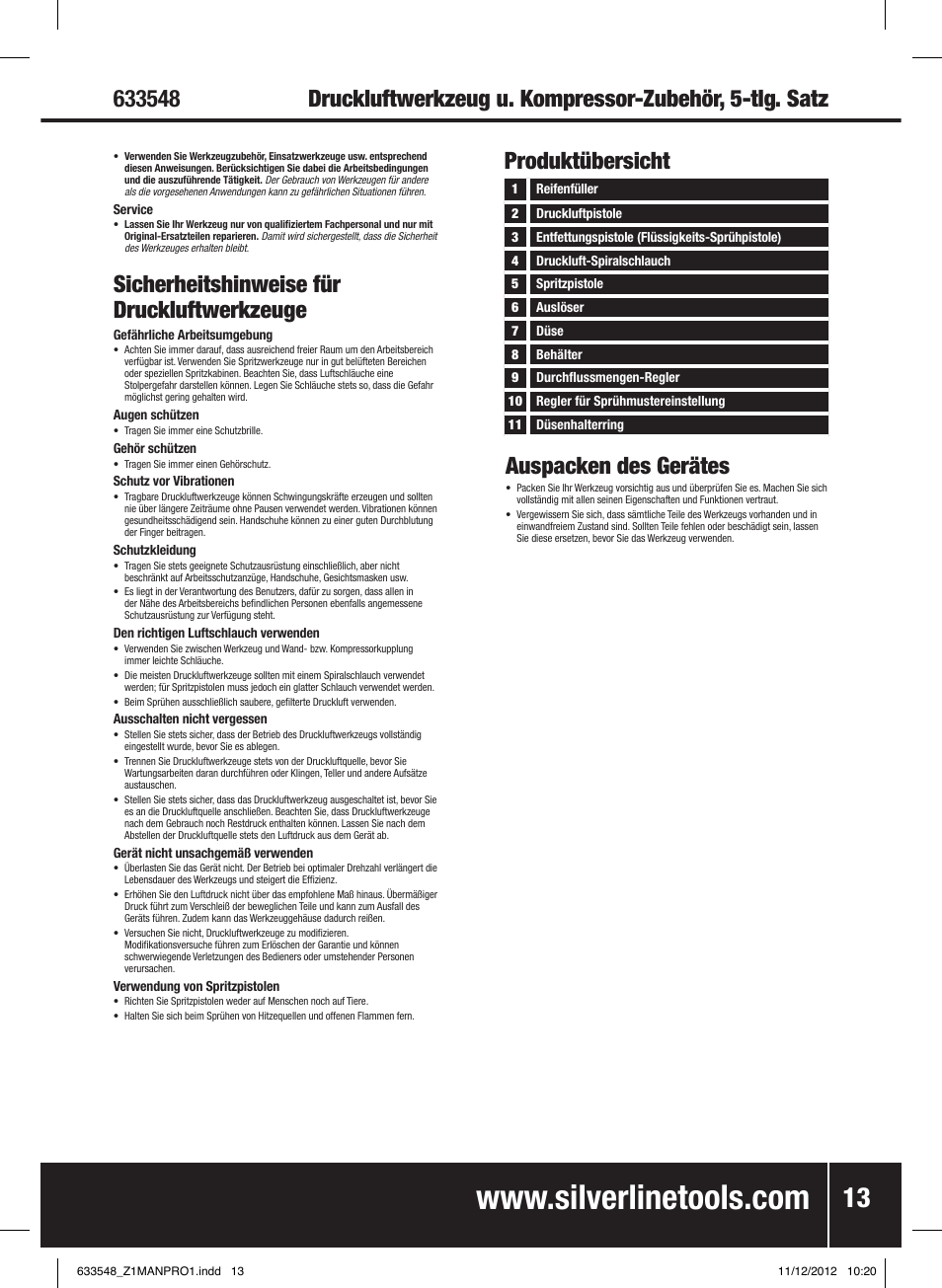 Sicherheitshinweise für druckluftwerkzeuge, Auspacken des gerätes, Produktübersicht | Silverline Air Tools & Compressor Accessories Kit 5pce User Manual | Page 14 / 28