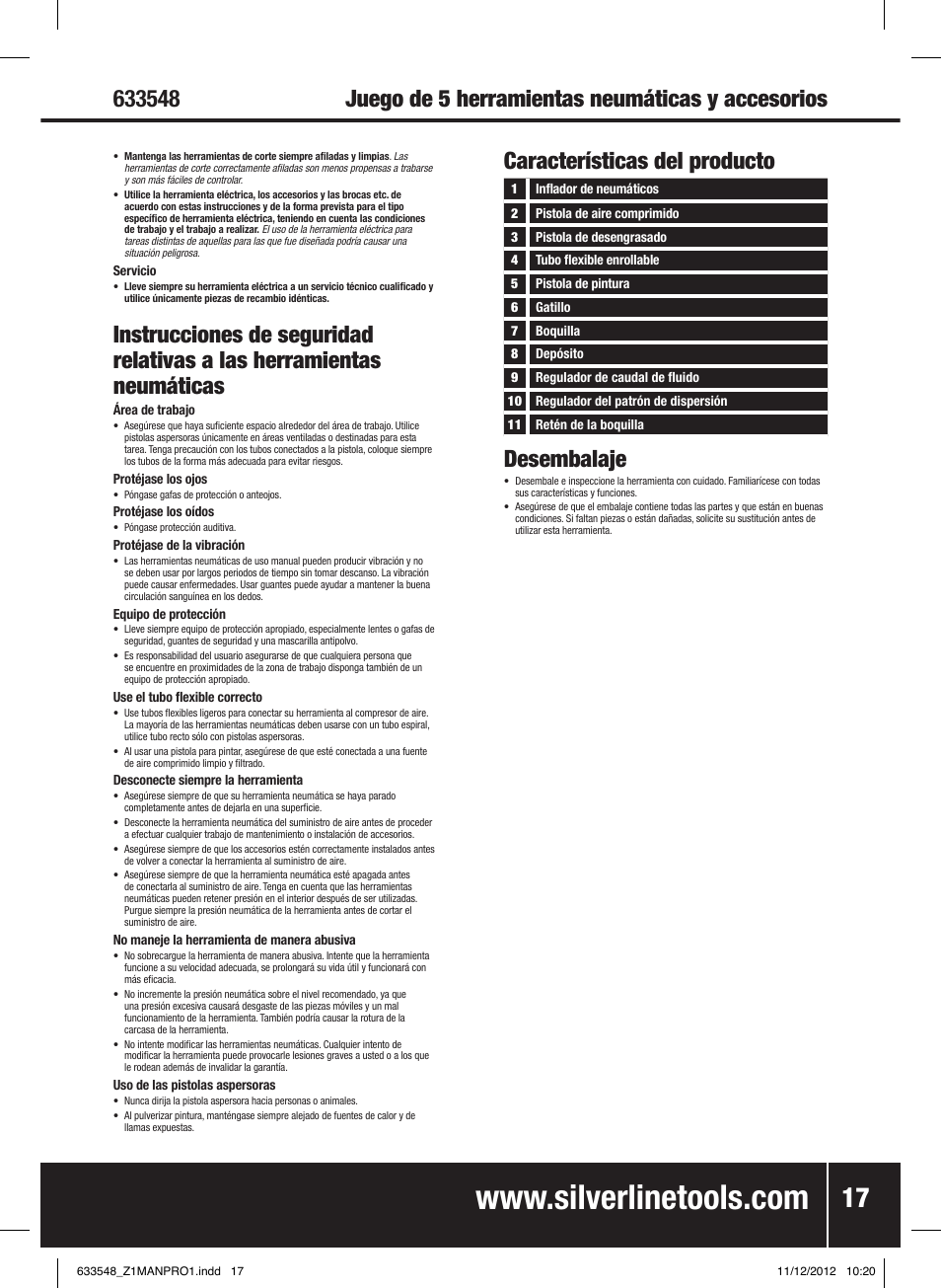 Desembalaje, Características del producto | Silverline Air Tools & Compressor Accessories Kit 5pce User Manual | Page 18 / 28