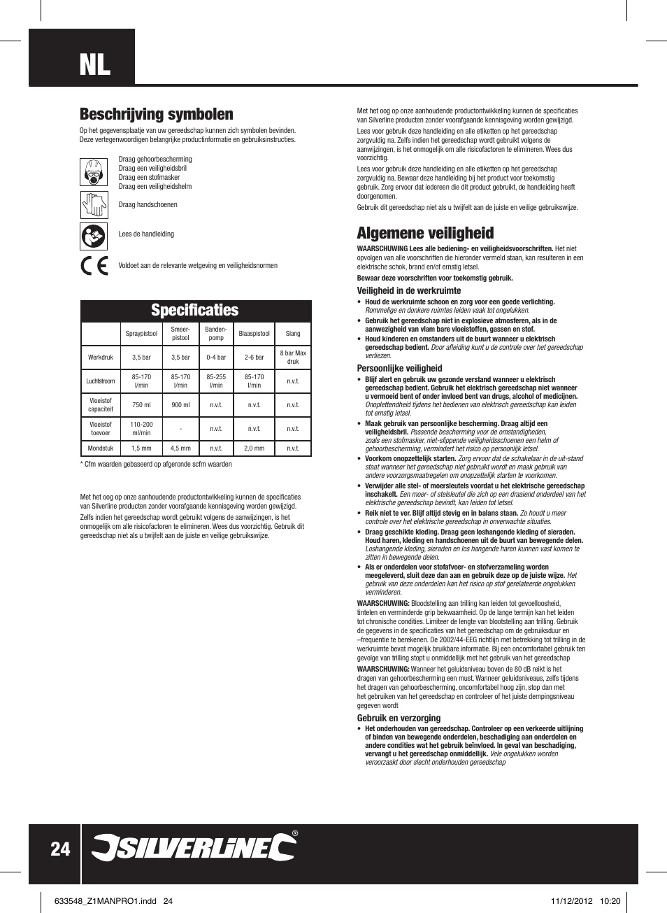 Specificaties, Beschrijving symbolen, Algemene veiligheid | Silverline Air Tools & Compressor Accessories Kit 5pce User Manual | Page 25 / 28