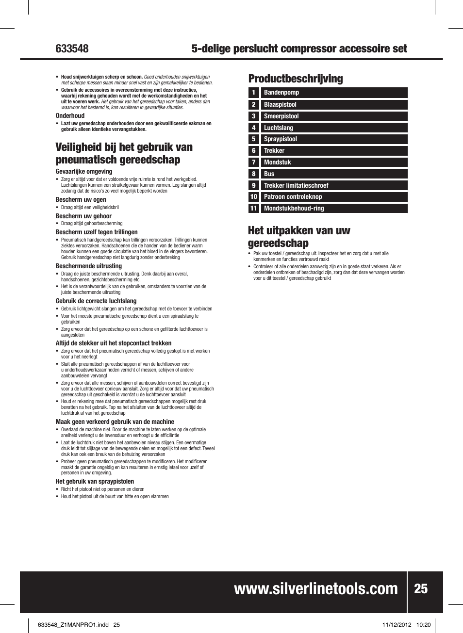 Het uitpakken van uw gereedschap, Productbeschrijving | Silverline Air Tools & Compressor Accessories Kit 5pce User Manual | Page 26 / 28