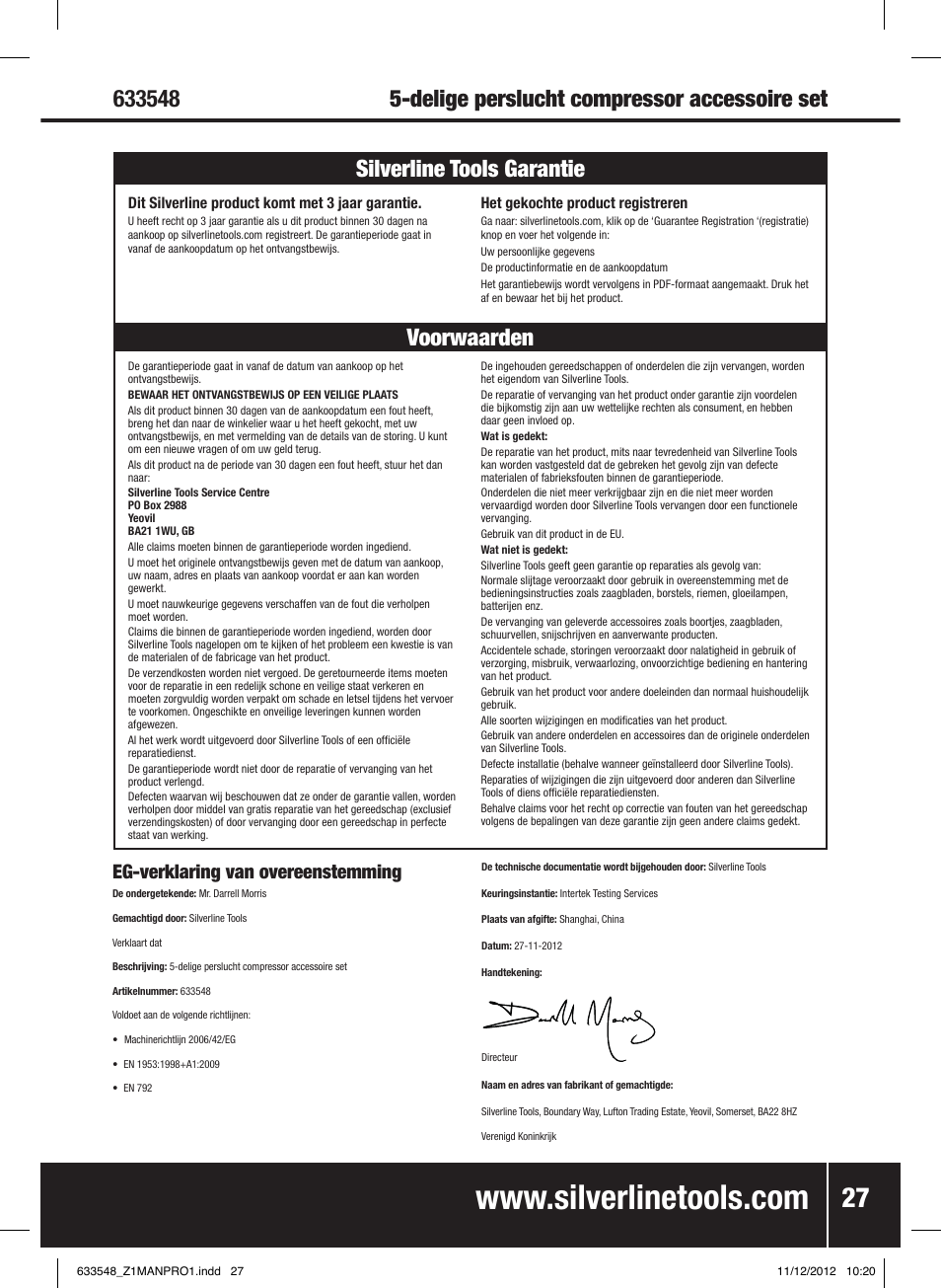 Voorwaarden silverline tools garantie, Eg-verklaring van overeenstemming | Silverline Air Tools & Compressor Accessories Kit 5pce User Manual | Page 28 / 28