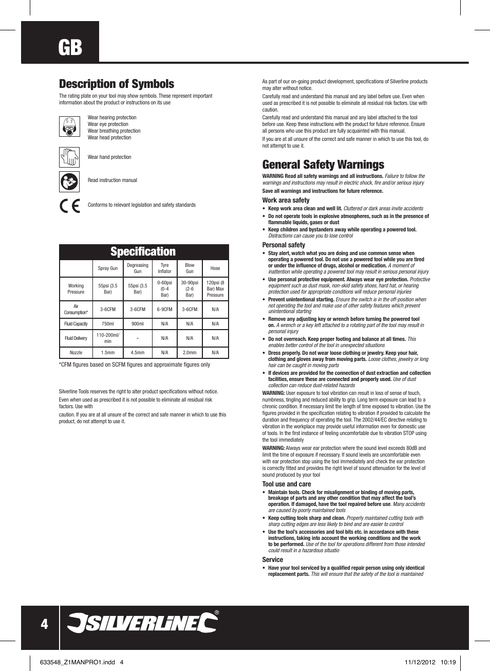 General safety warnings, Description of symbols, Specification | Silverline Air Tools & Compressor Accessories Kit 5pce User Manual | Page 5 / 28