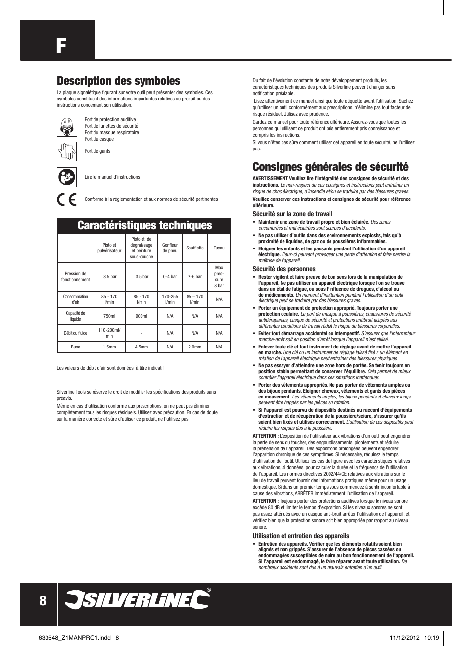 Description des symboles, Consignes générales de sécurité, Caractéristiques techniques | Silverline Air Tools & Compressor Accessories Kit 5pce User Manual | Page 9 / 28